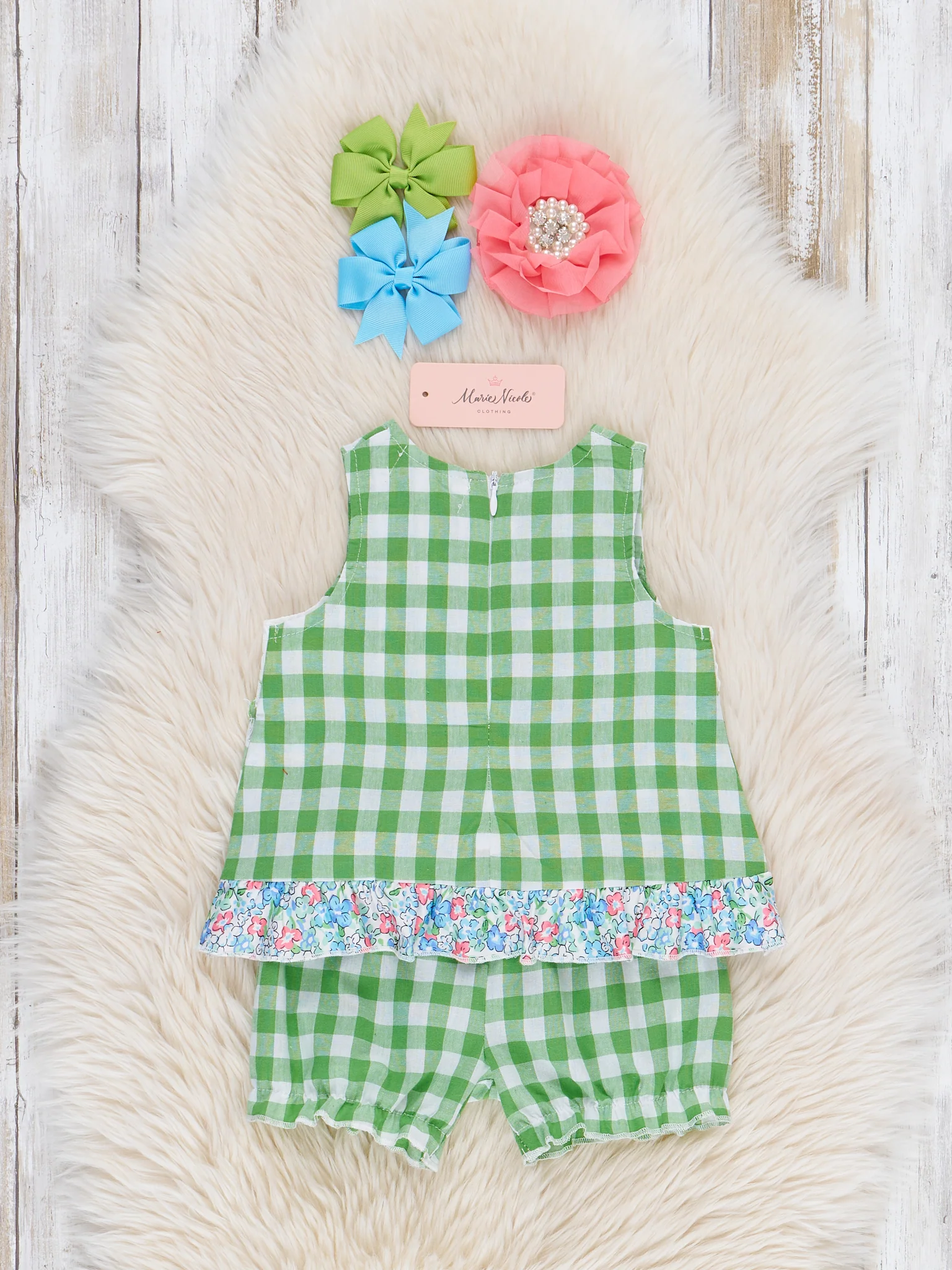 Green Gingham Mama's Girl Smocked Bloomers Outfit - Image 3