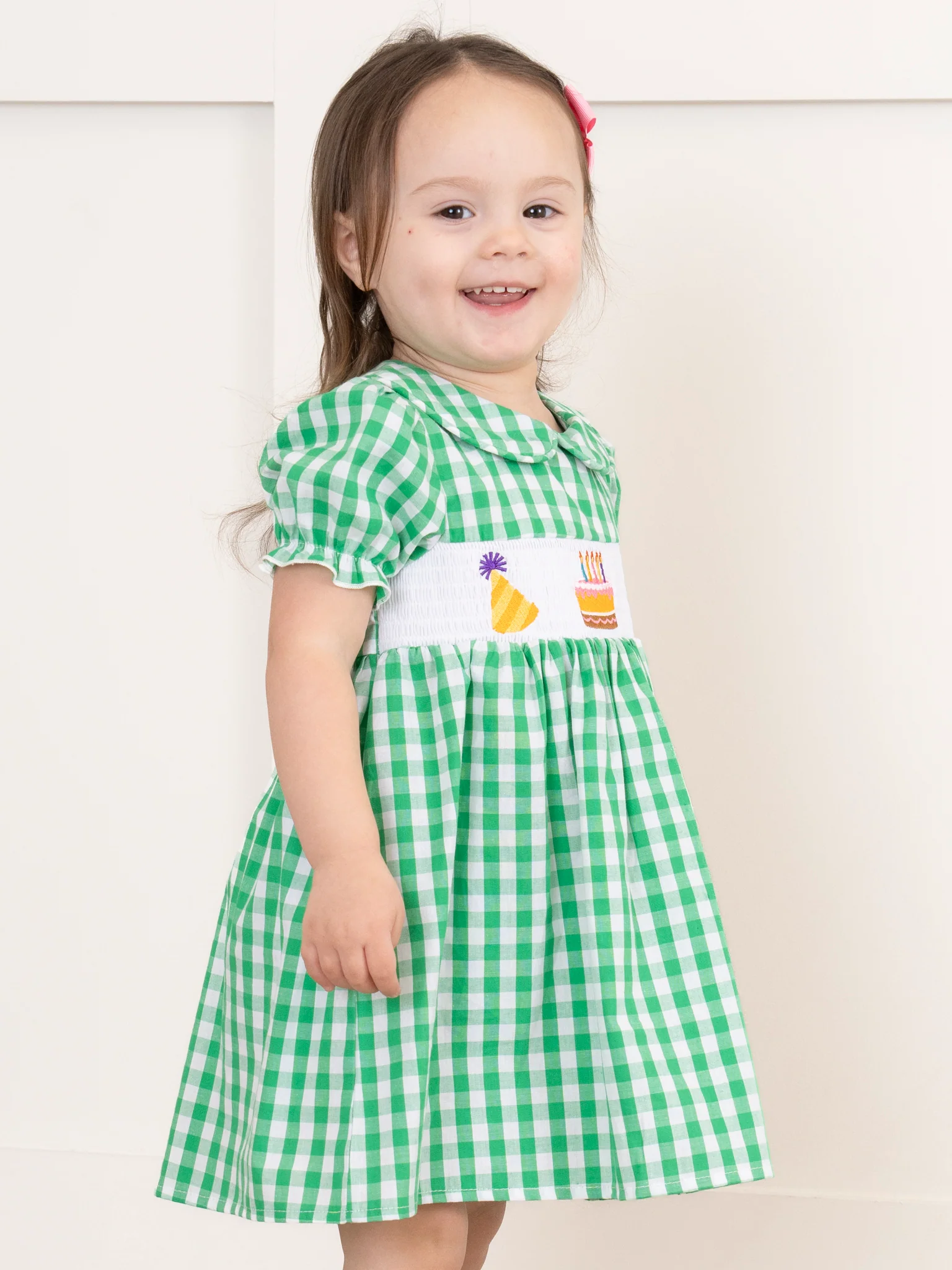 Green Gingham Party Time Smocked Dress - Image 3