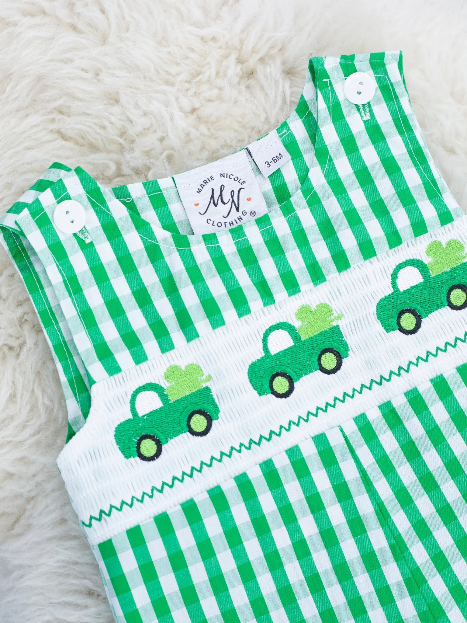 Green Gingham Smocked Clover Truck Johnny - Image 3