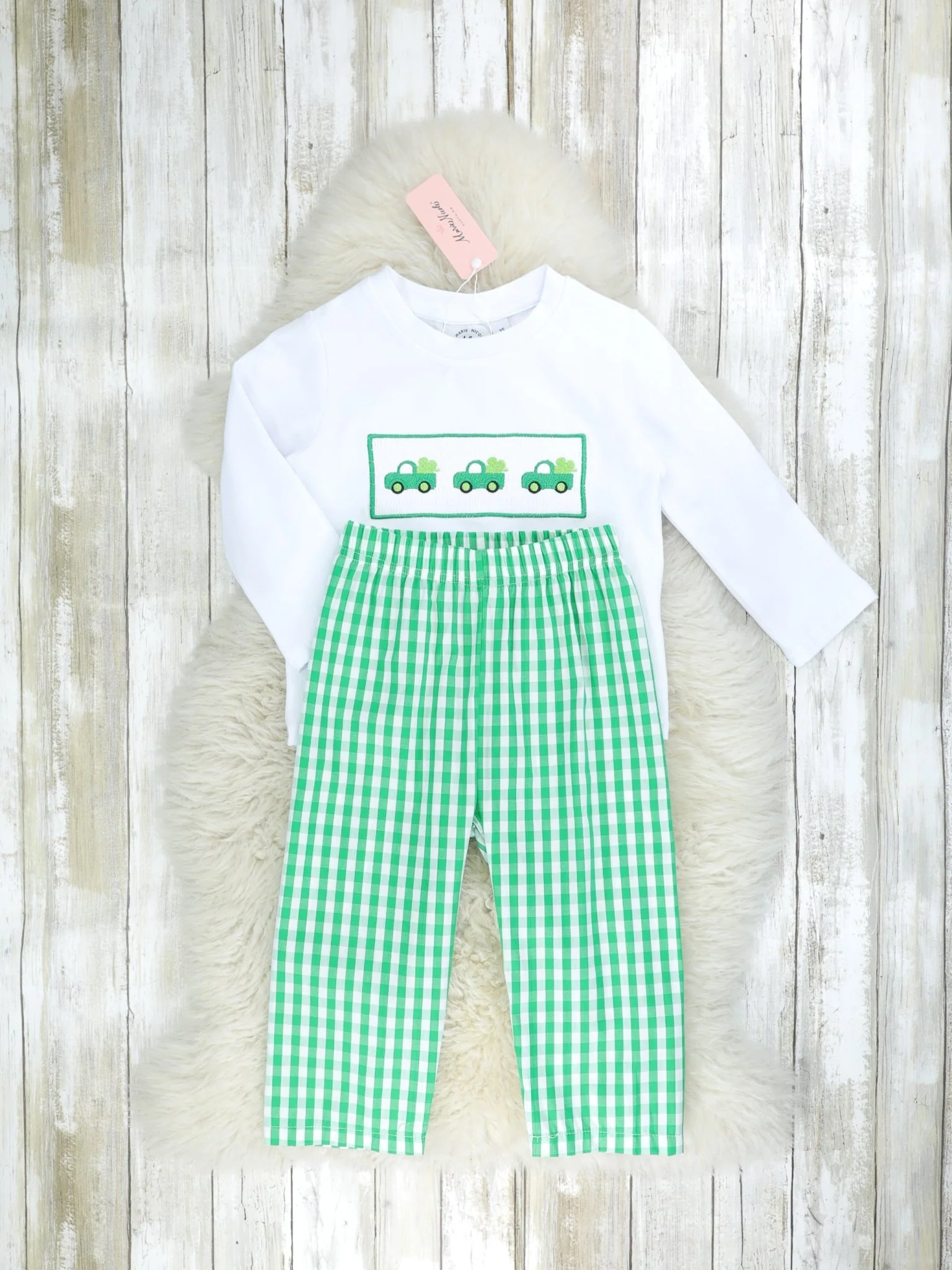 Green Gingham Smocked Clover Truck Outfit - Image 3