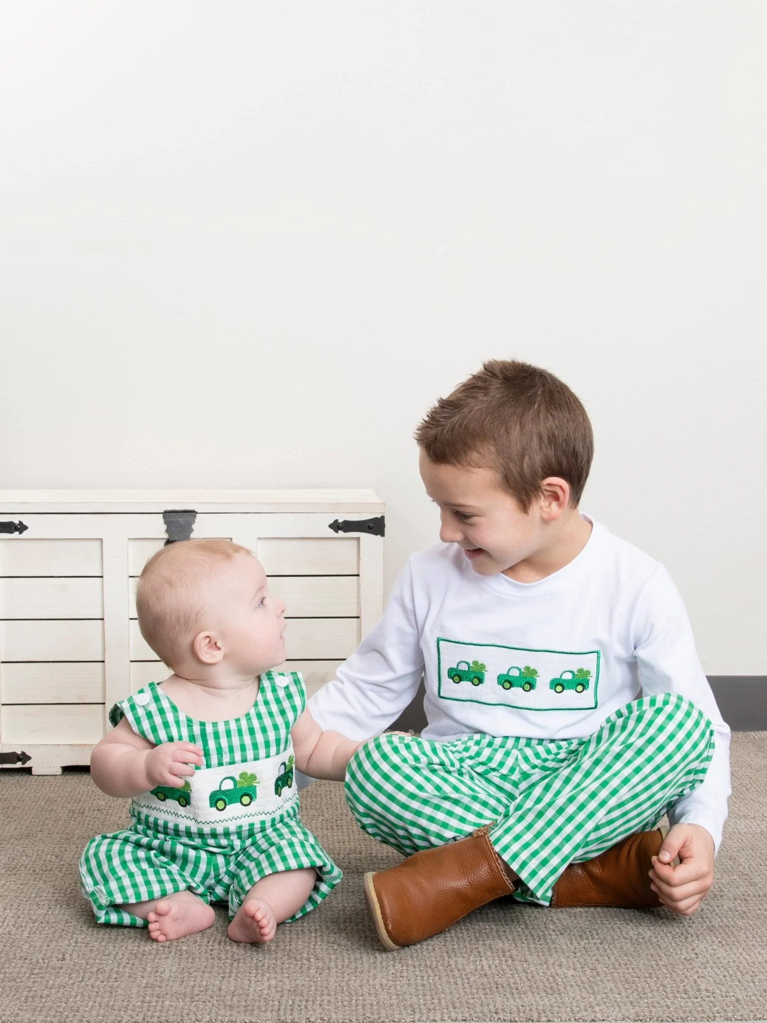 Green Gingham Smocked Clover Truck Outfit - Image 5