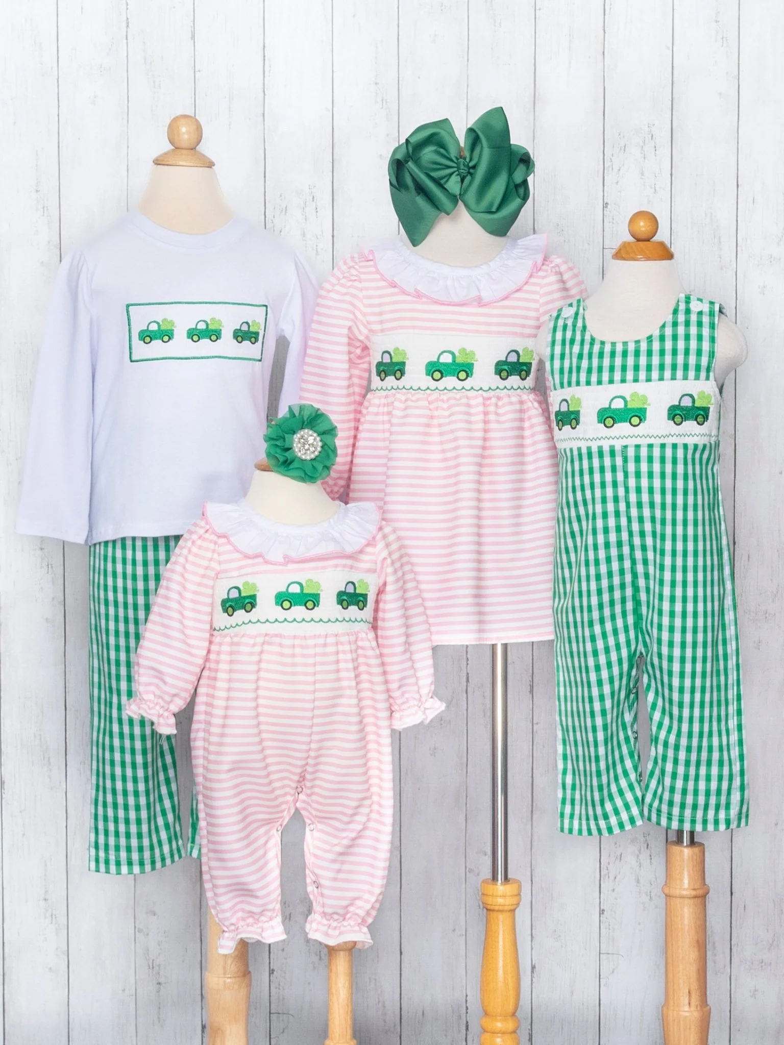 Green Gingham Smocked Clover Truck Outfit - Image 7