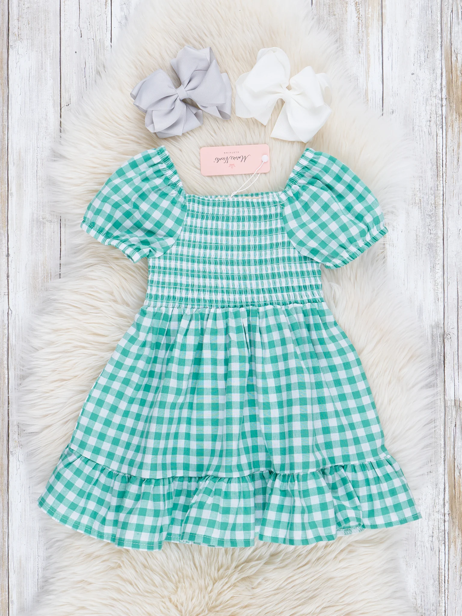 Green Gingham Smocked Ruffle Dress
