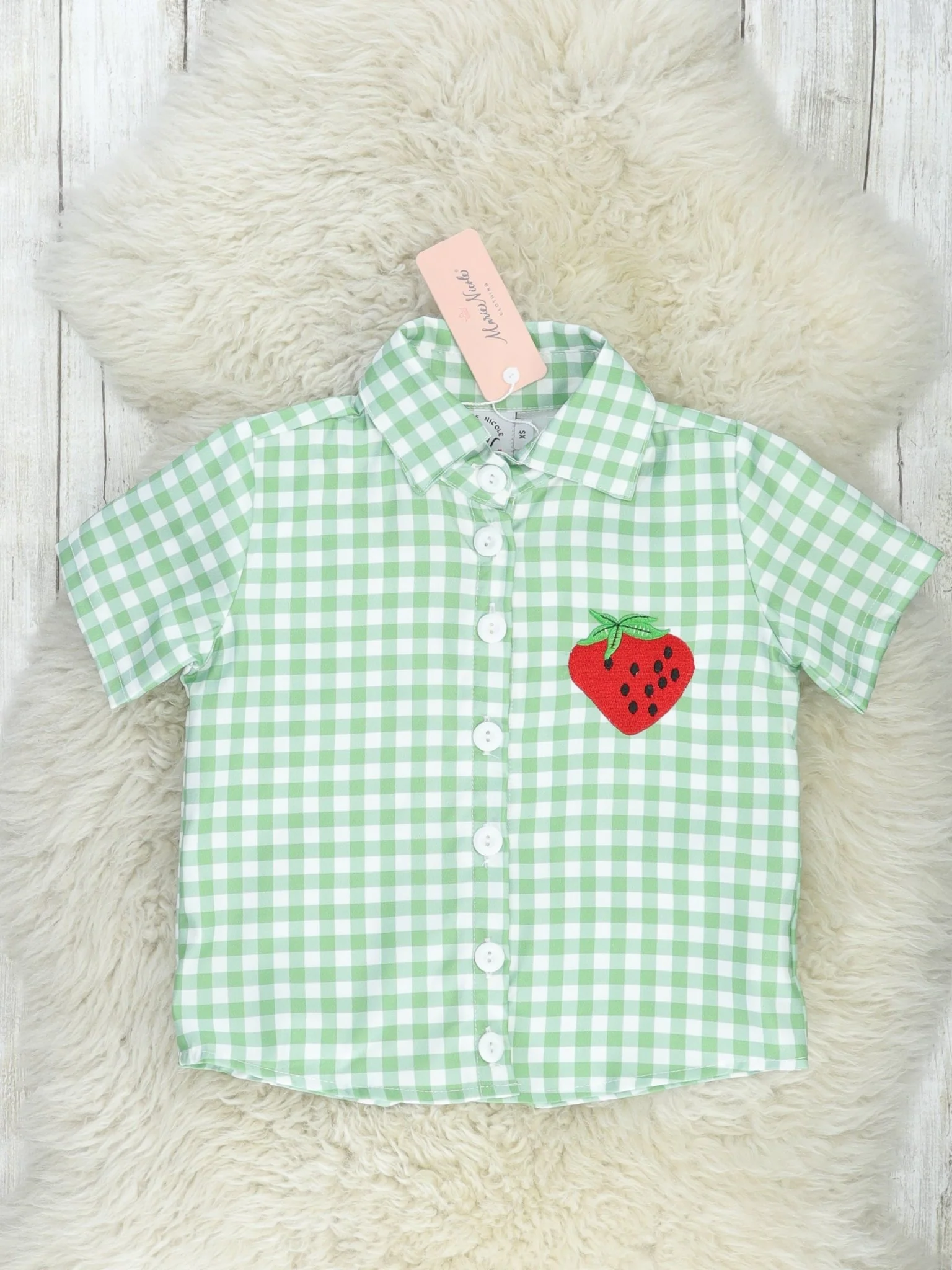 Green Gingham Strawberry Polo