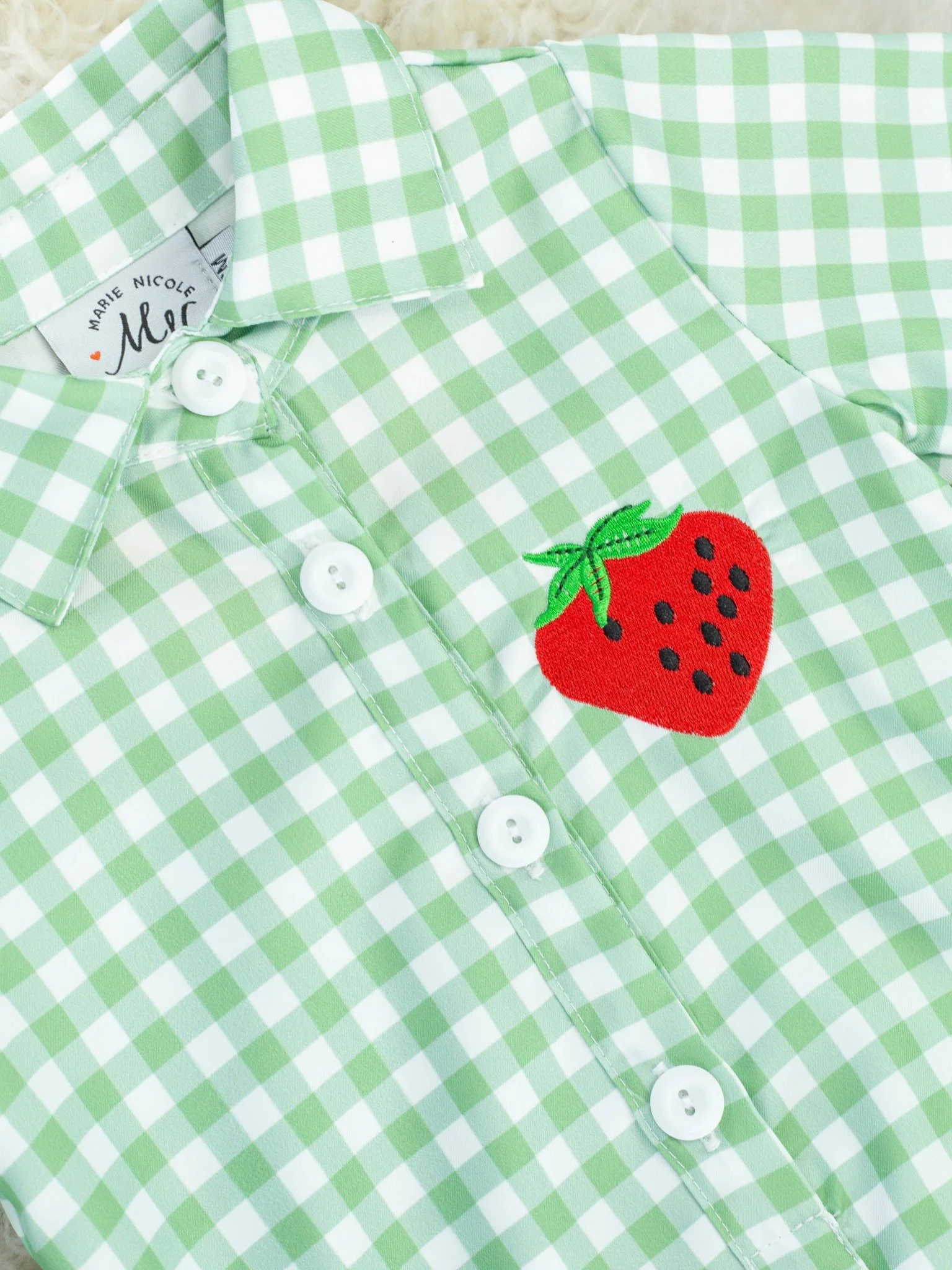 Green Gingham Strawberry Polo Romper - Image 2
