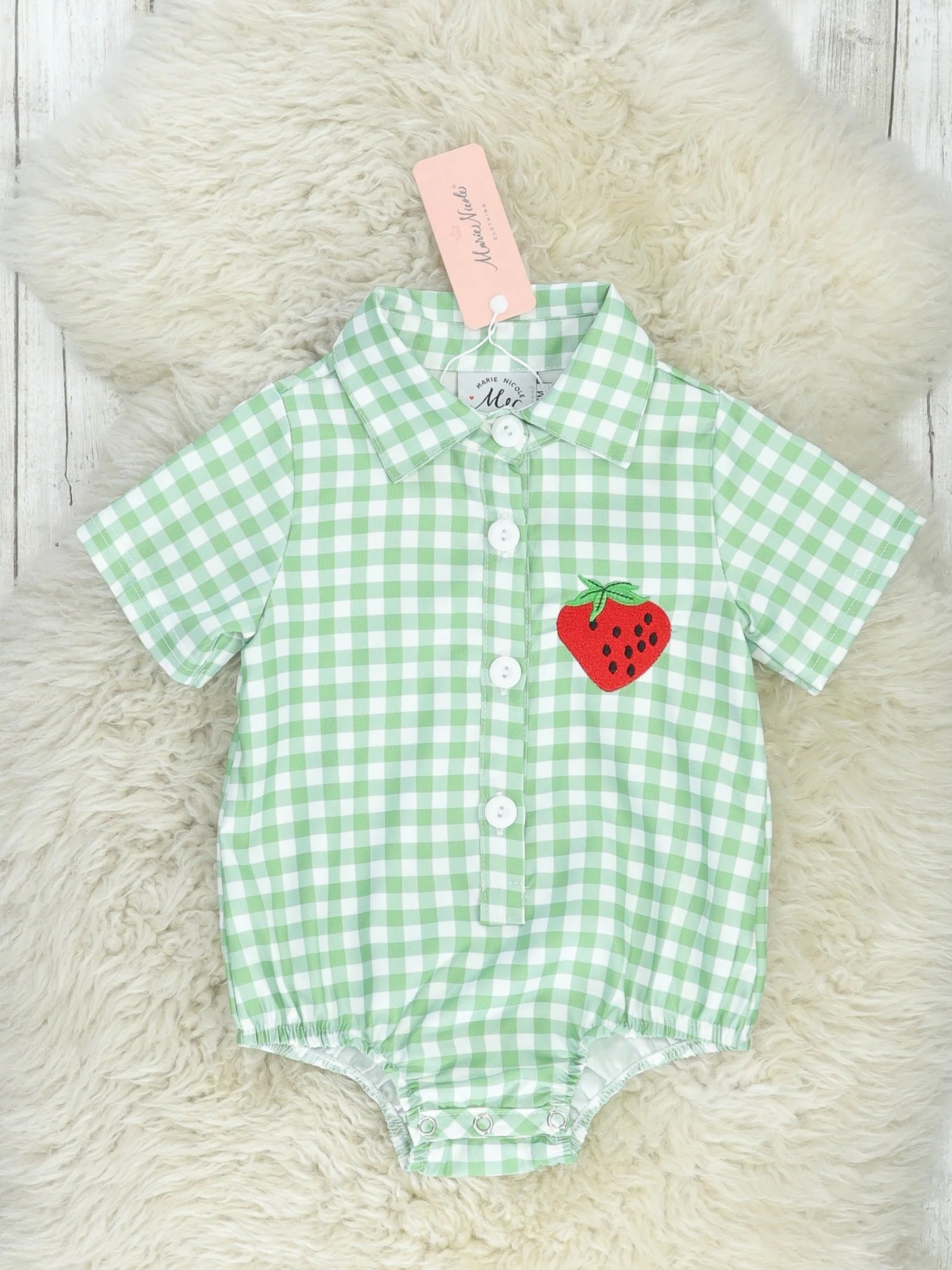 Green Gingham Strawberry Polo Romper - Image 3