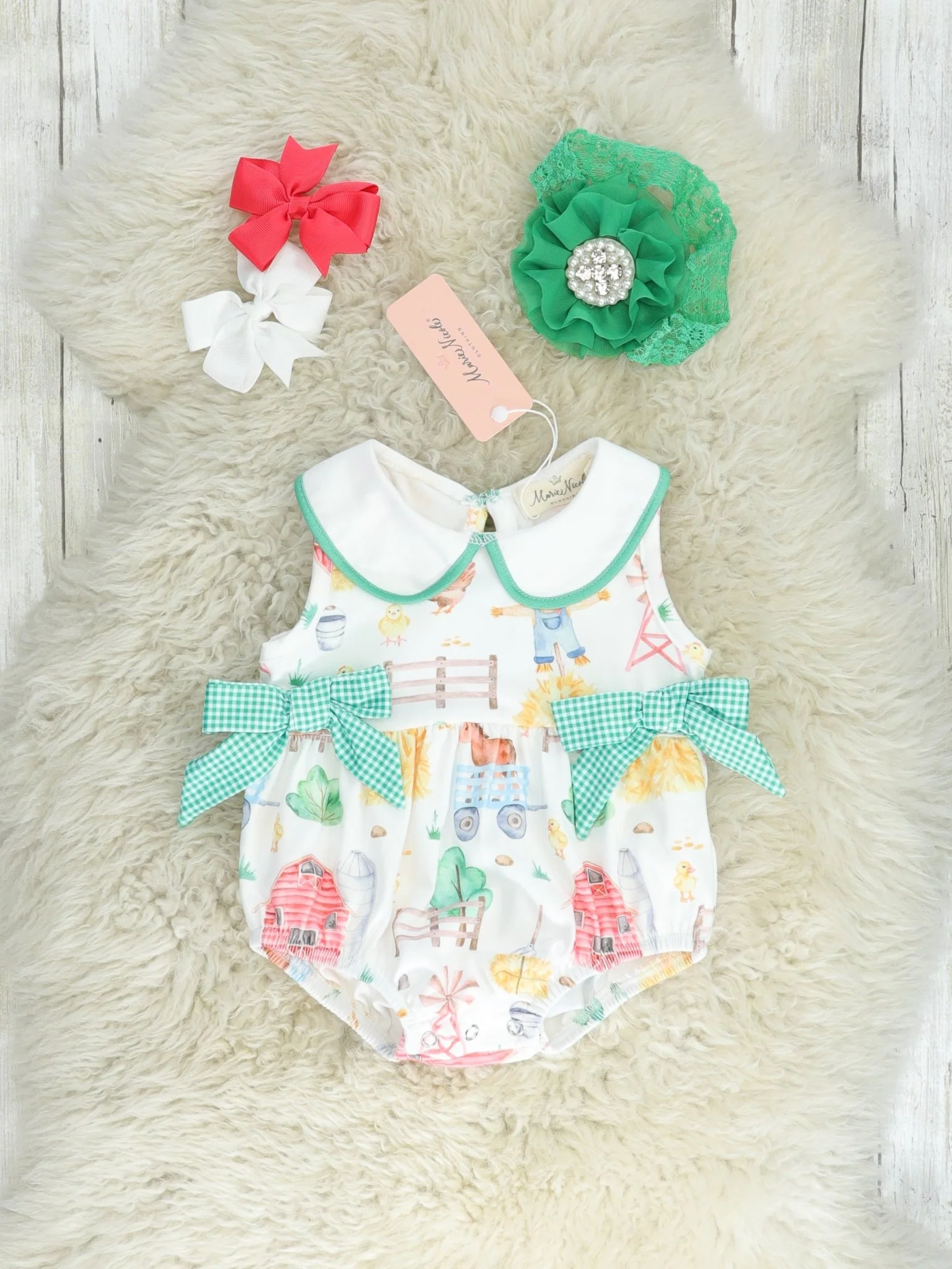 Green Gingham Vintage Farm Bubble Romper