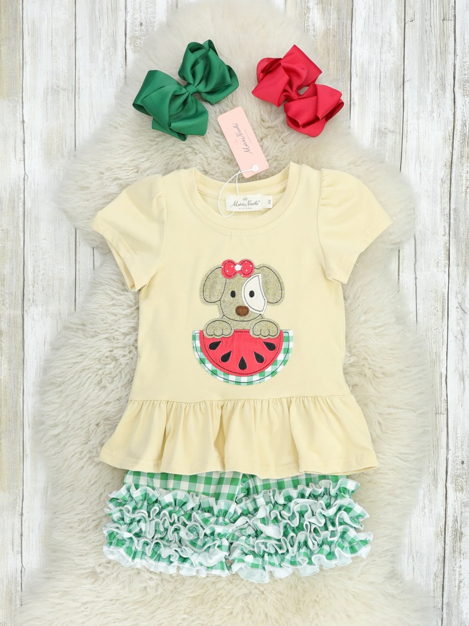 Green Gingham Watermelon Puppy Ruffle Outfit