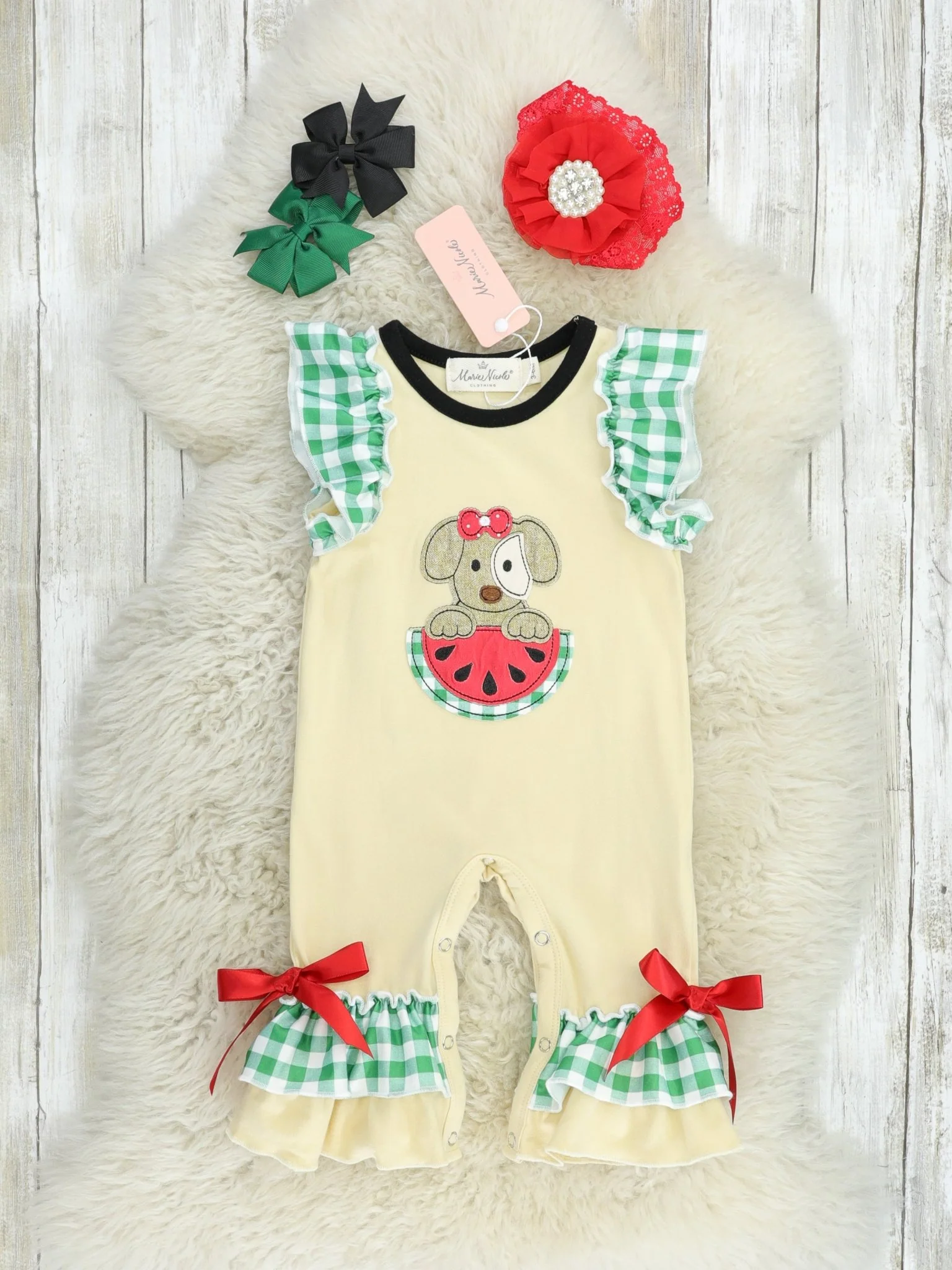 Green Gingham Watermelon Puppy Ruffle Romper