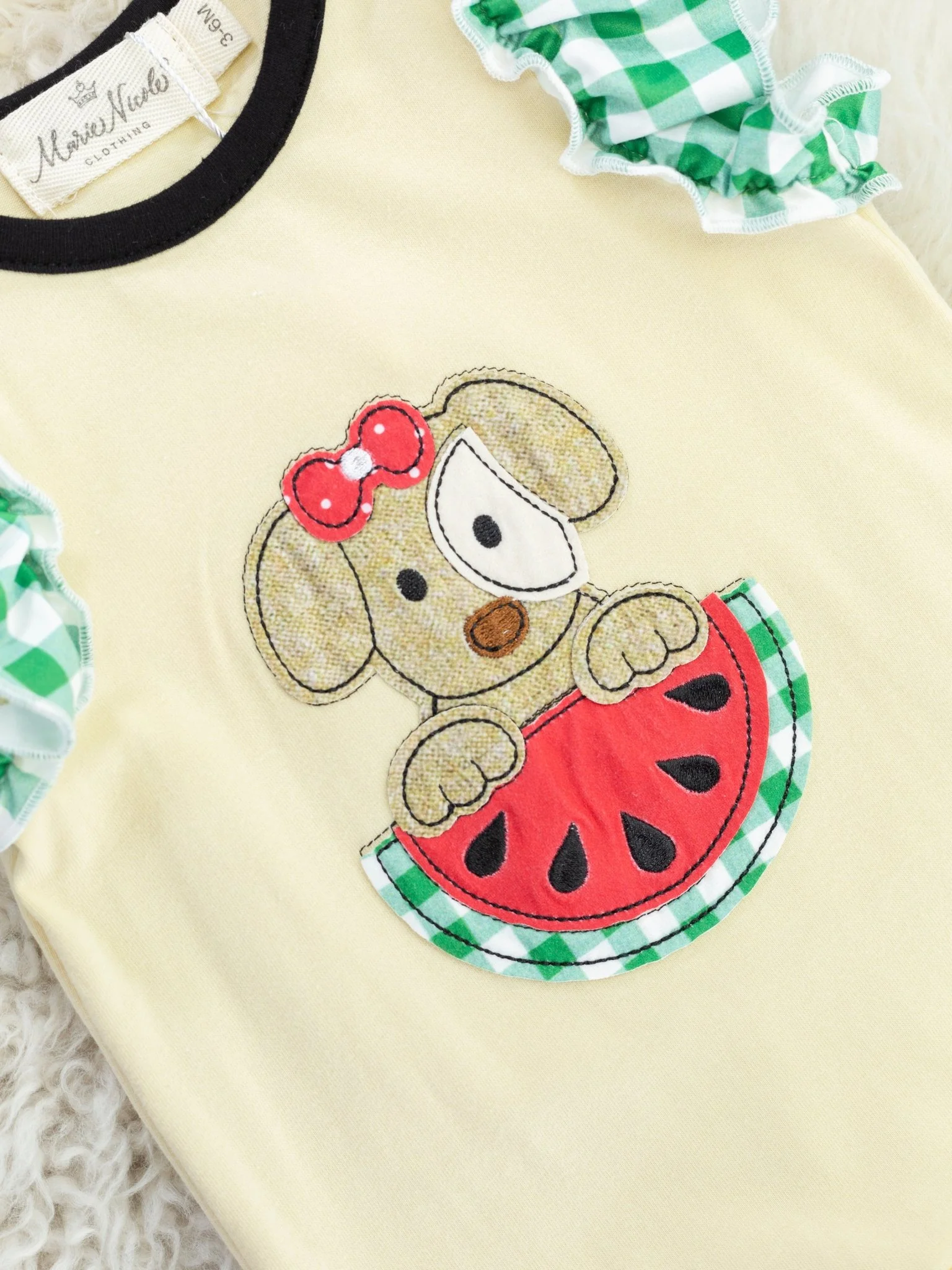 Green Gingham Watermelon Puppy Ruffle Romper - Image 2