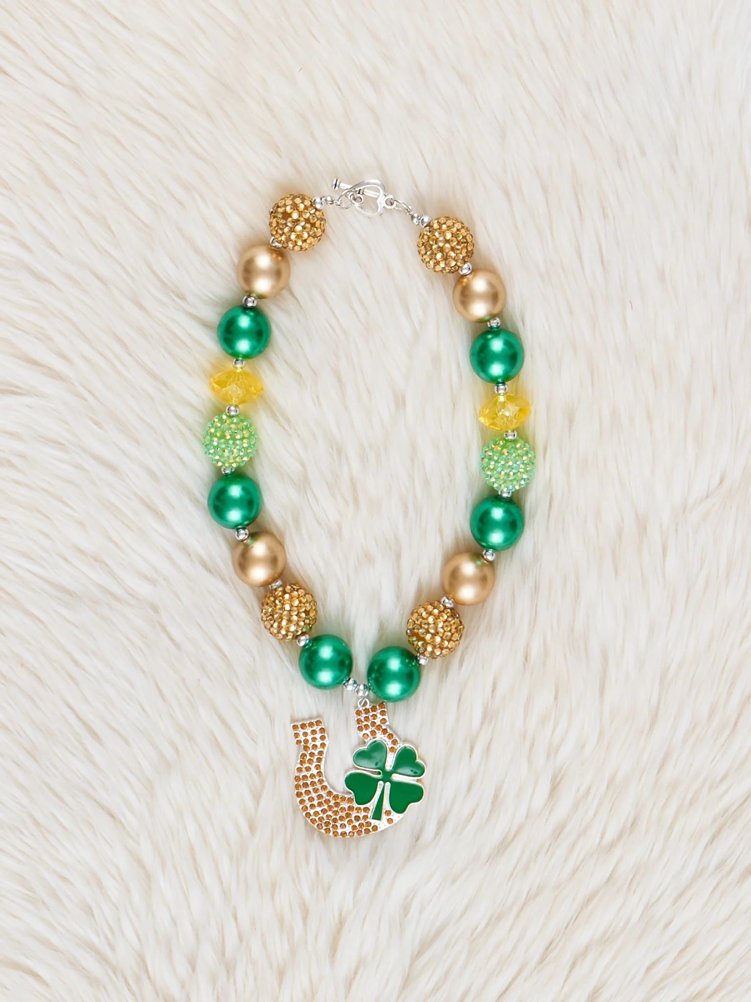Green & Gold Lucky Shamrock Charm Bubblegum Necklace