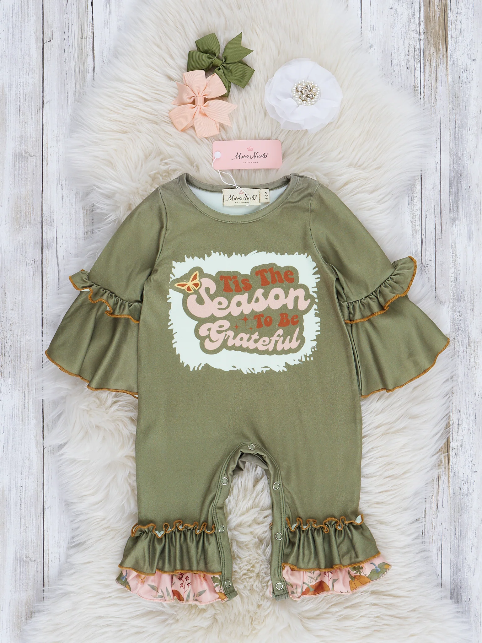 Green "Grateful Season" Bell Sleeve Romper