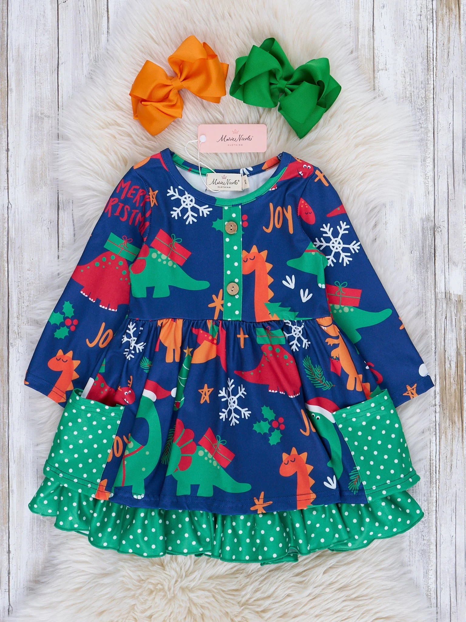 Green Holiday Dots & Dinosaurs Ruffle Dress