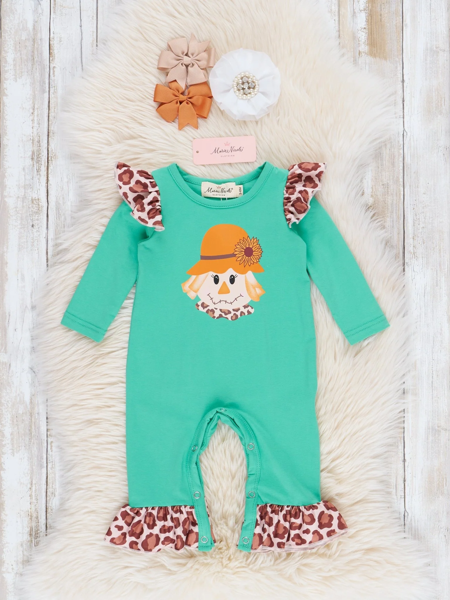 Green & Leopard Scarecrow Ruffle Romper