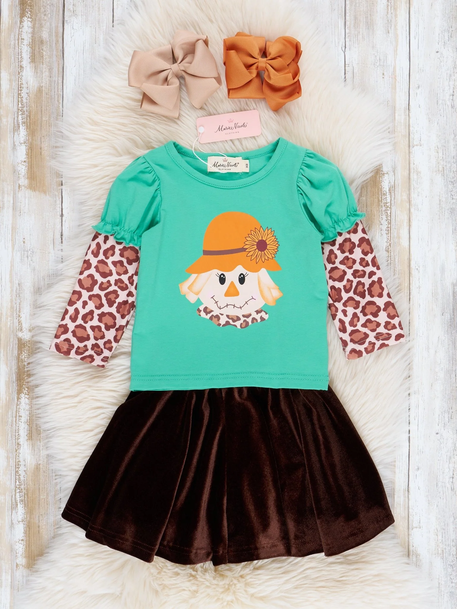 Green & Leopard Scarecrow Velvet Skirt Set - Image 2