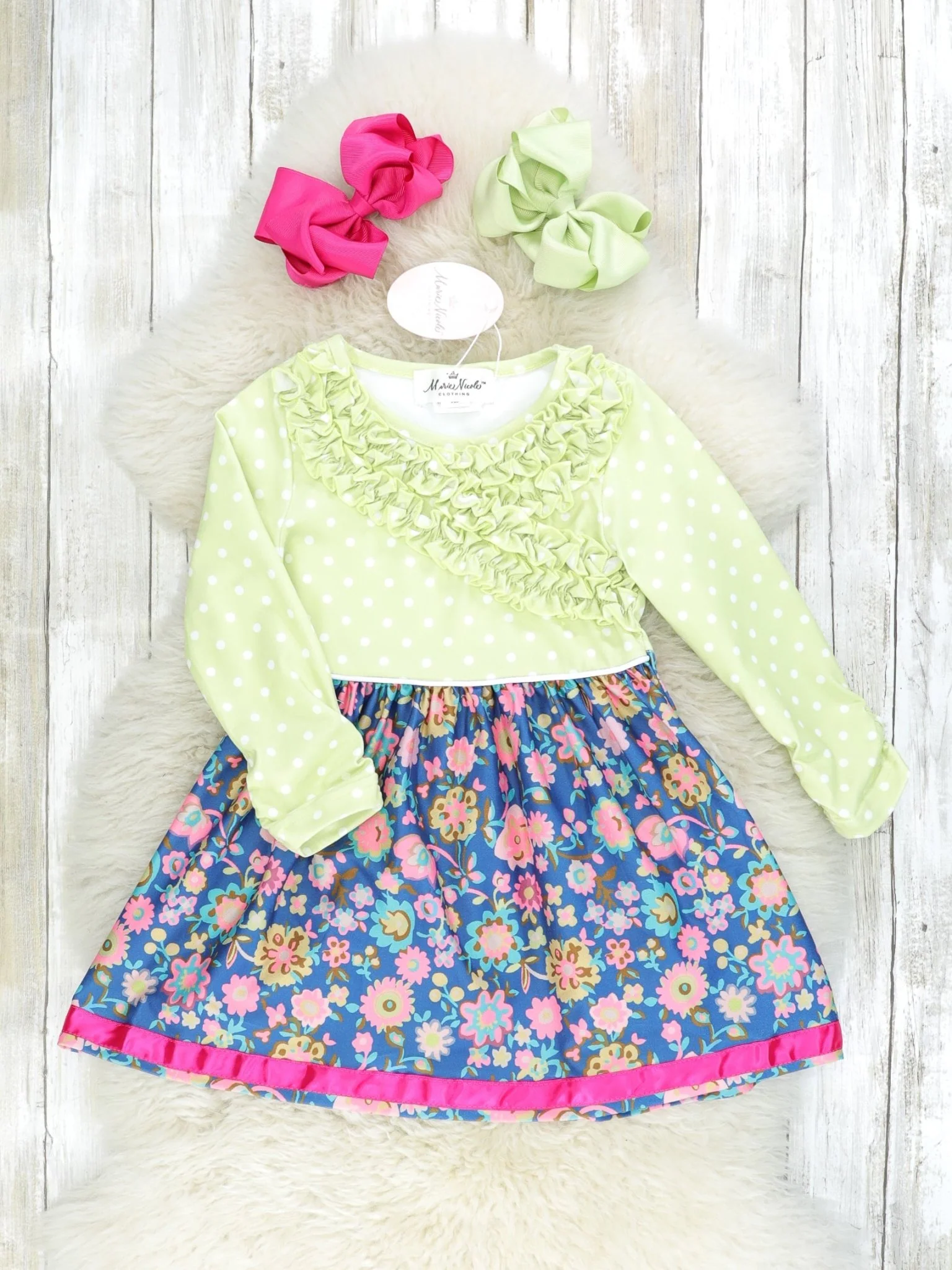 Green, Navy & Pink Floral Ruffle Dress