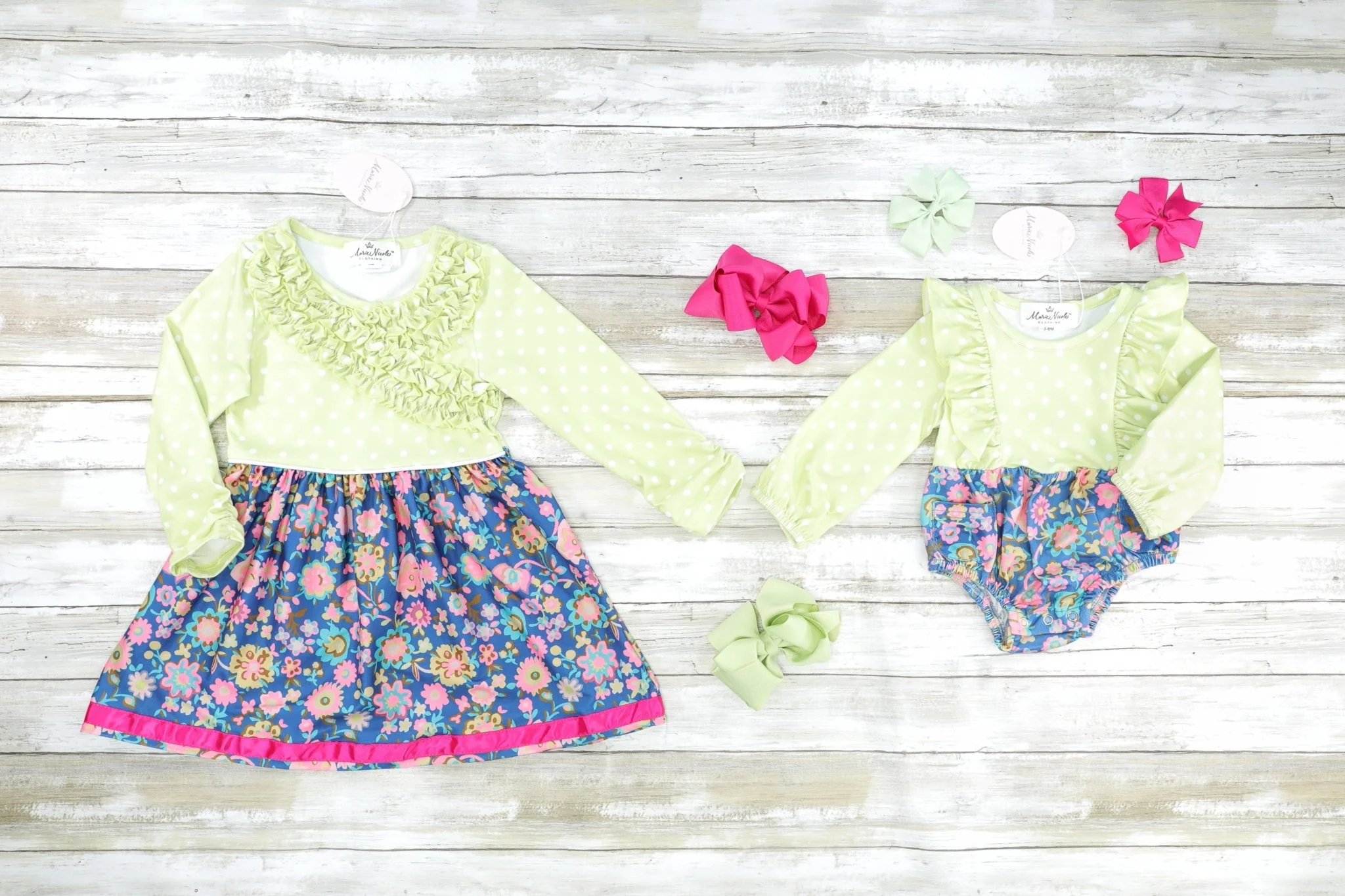 Green, Navy & Pink Floral Ruffle Dress - Image 2