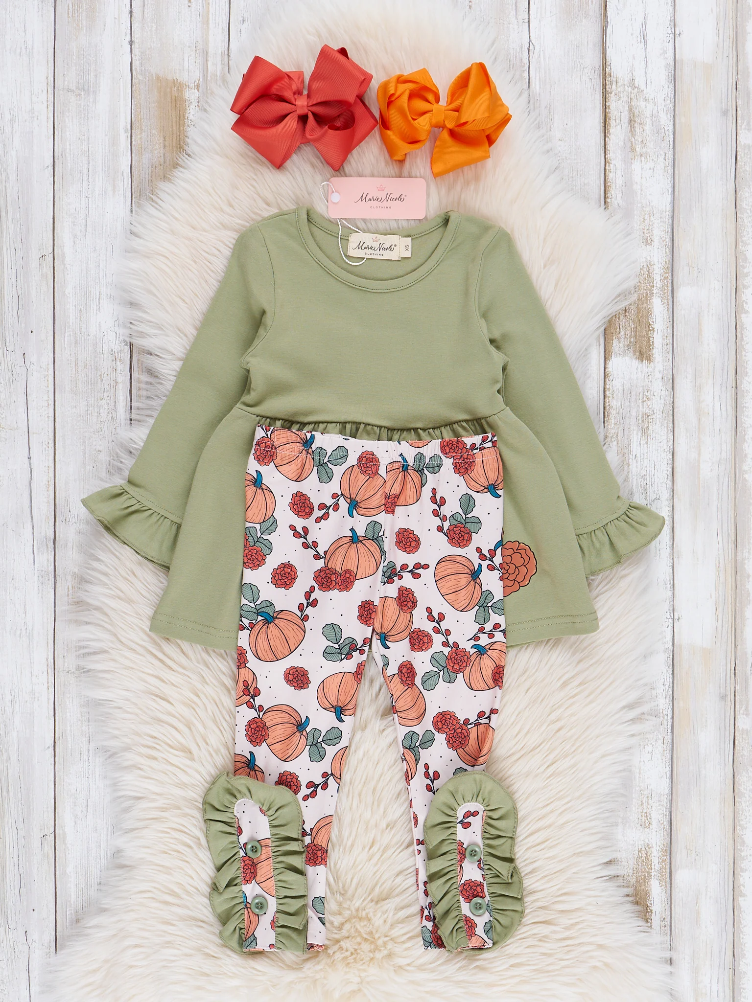 Green & Orange Autumn Pumpkin Ruffle Outfit - Image 2