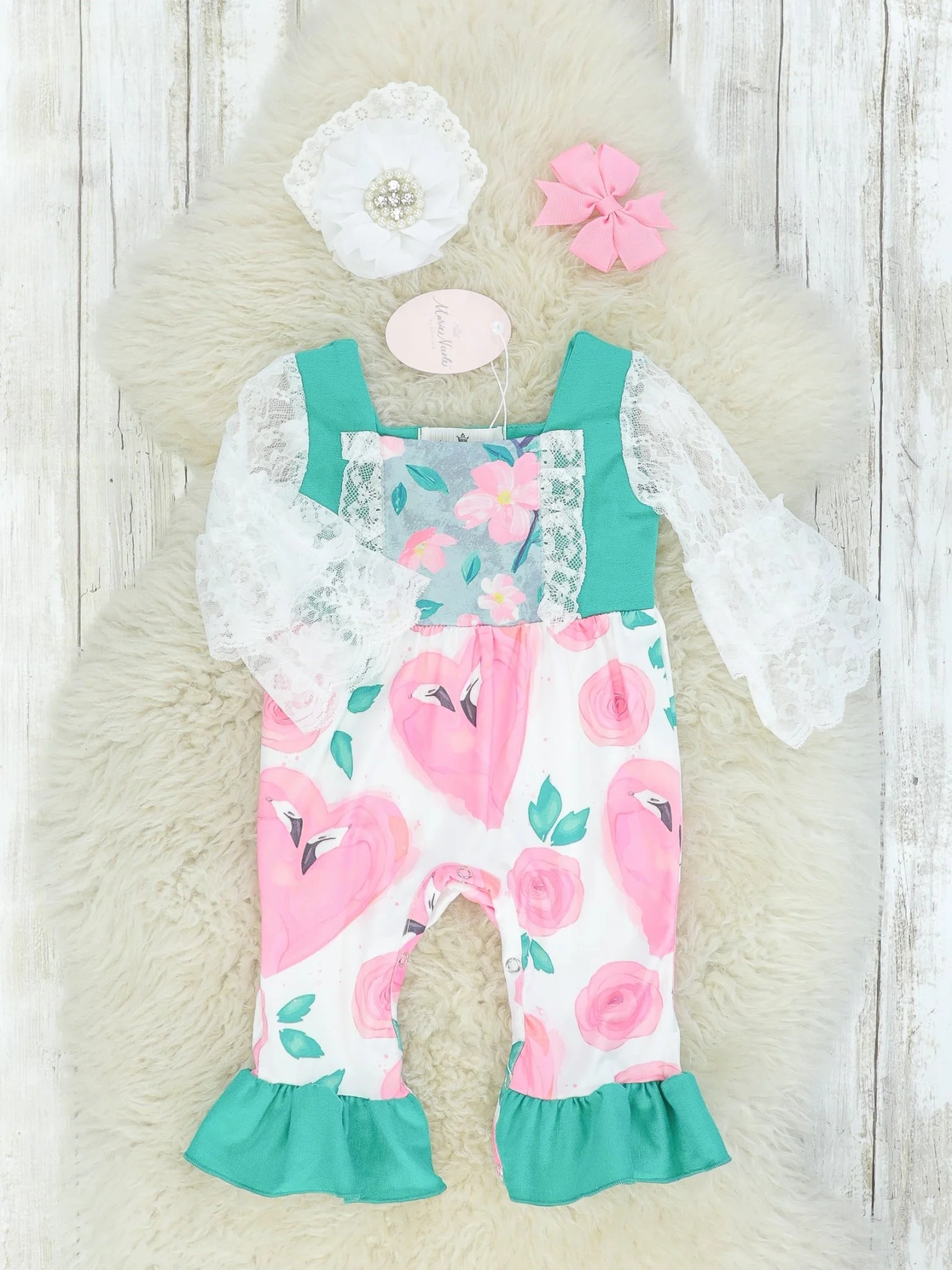 Green & Pink Floral Lace Sleeves Romper