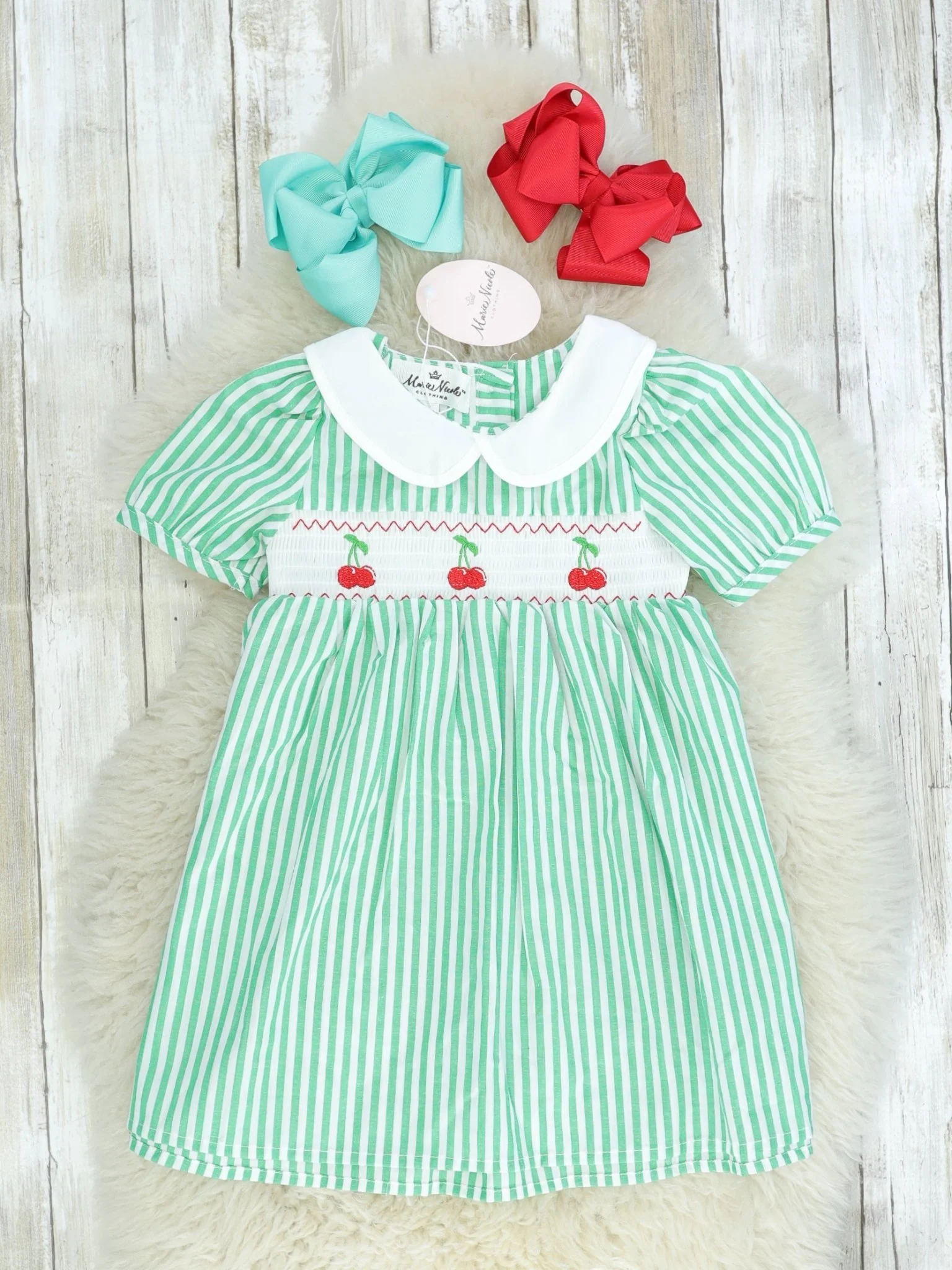 Green Pinstriped Smocked Cherry Dress