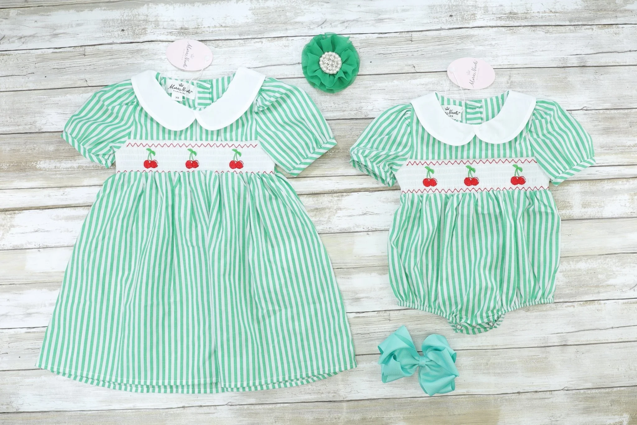 Green Pinstriped Smocked Cherry Dress - Image 2