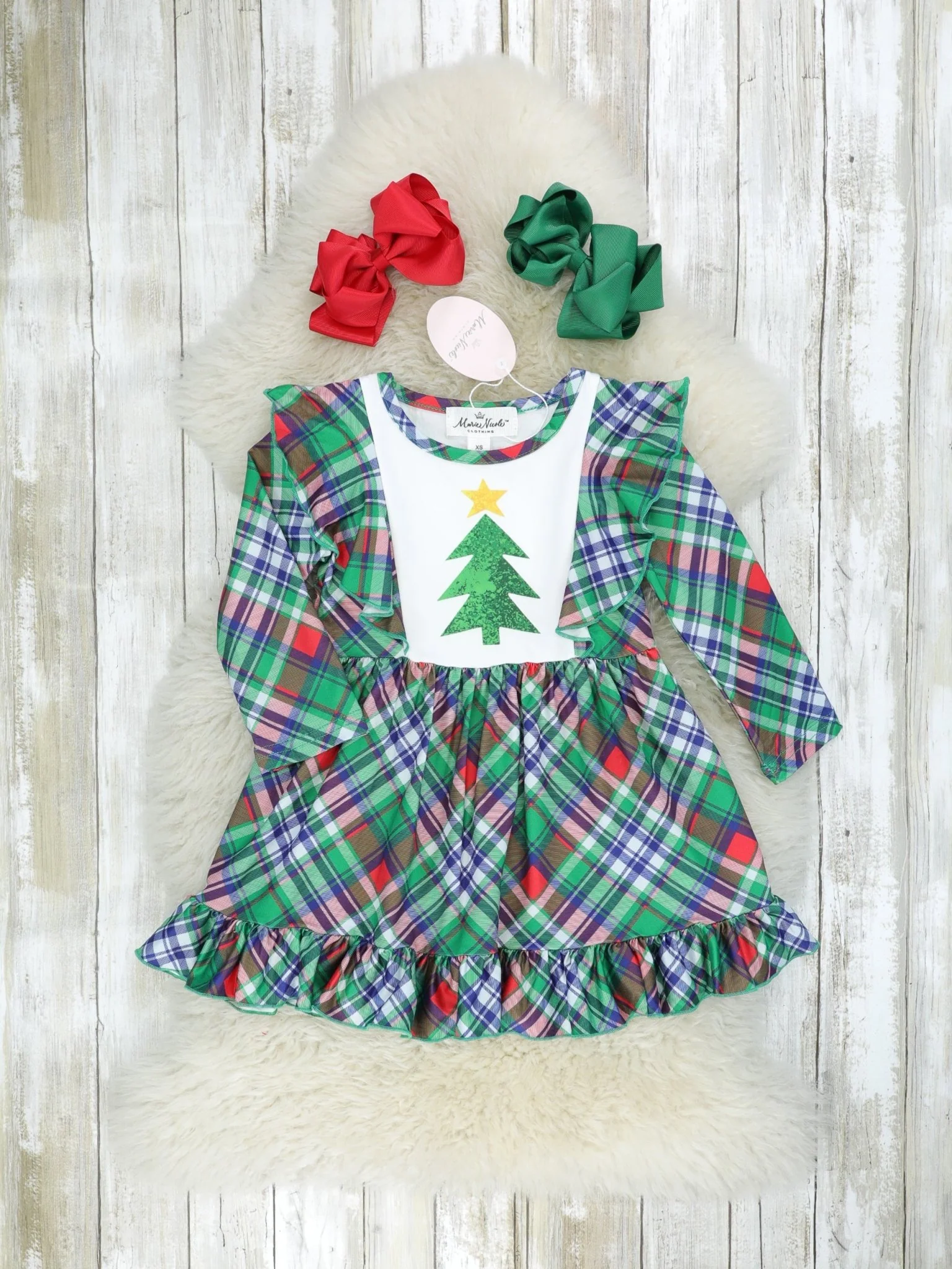 Green Plaid Christmas Tree Ruffle Dress