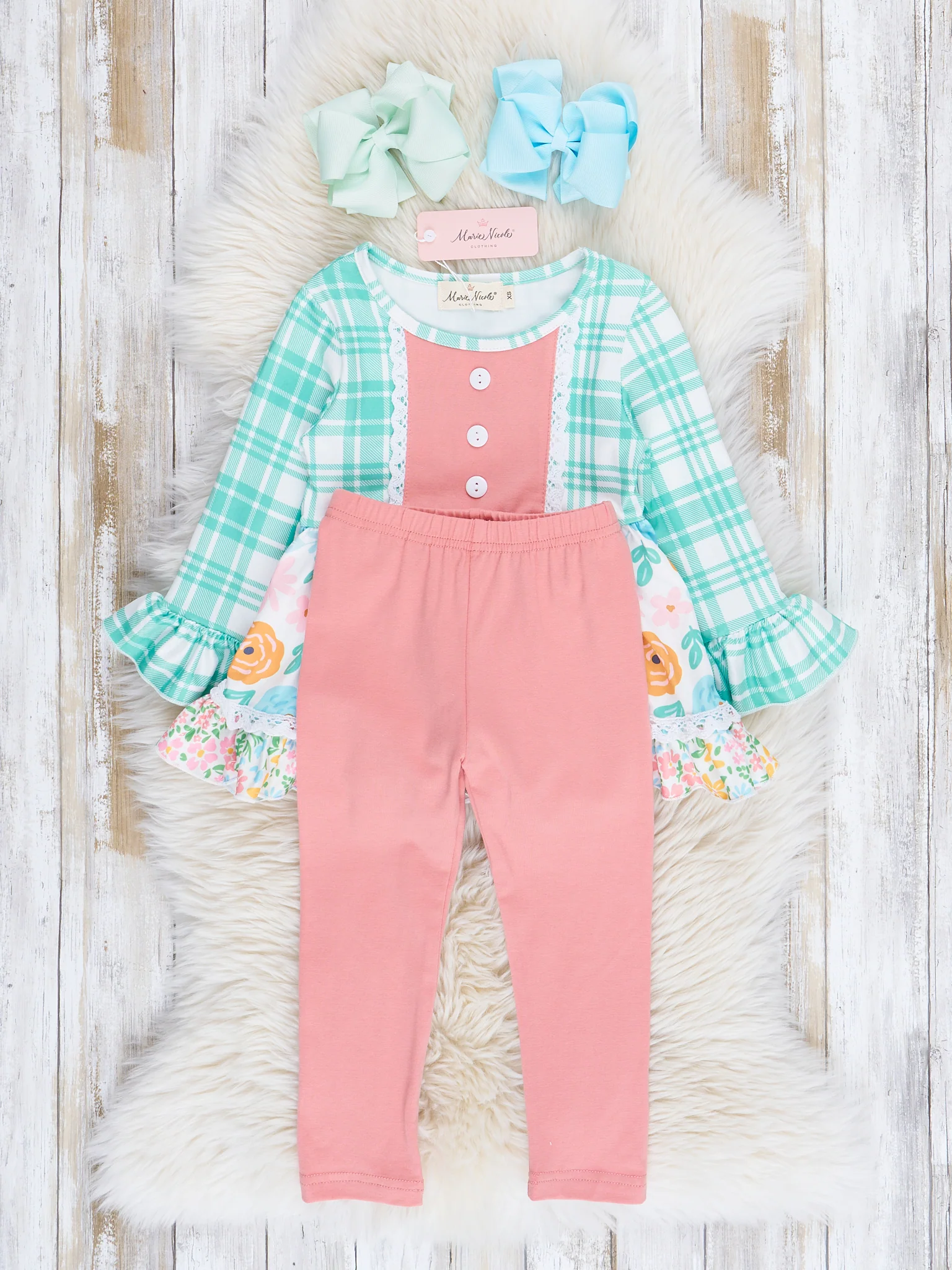 Green Plaid & Roses Lace Trim Outfit - Image 3