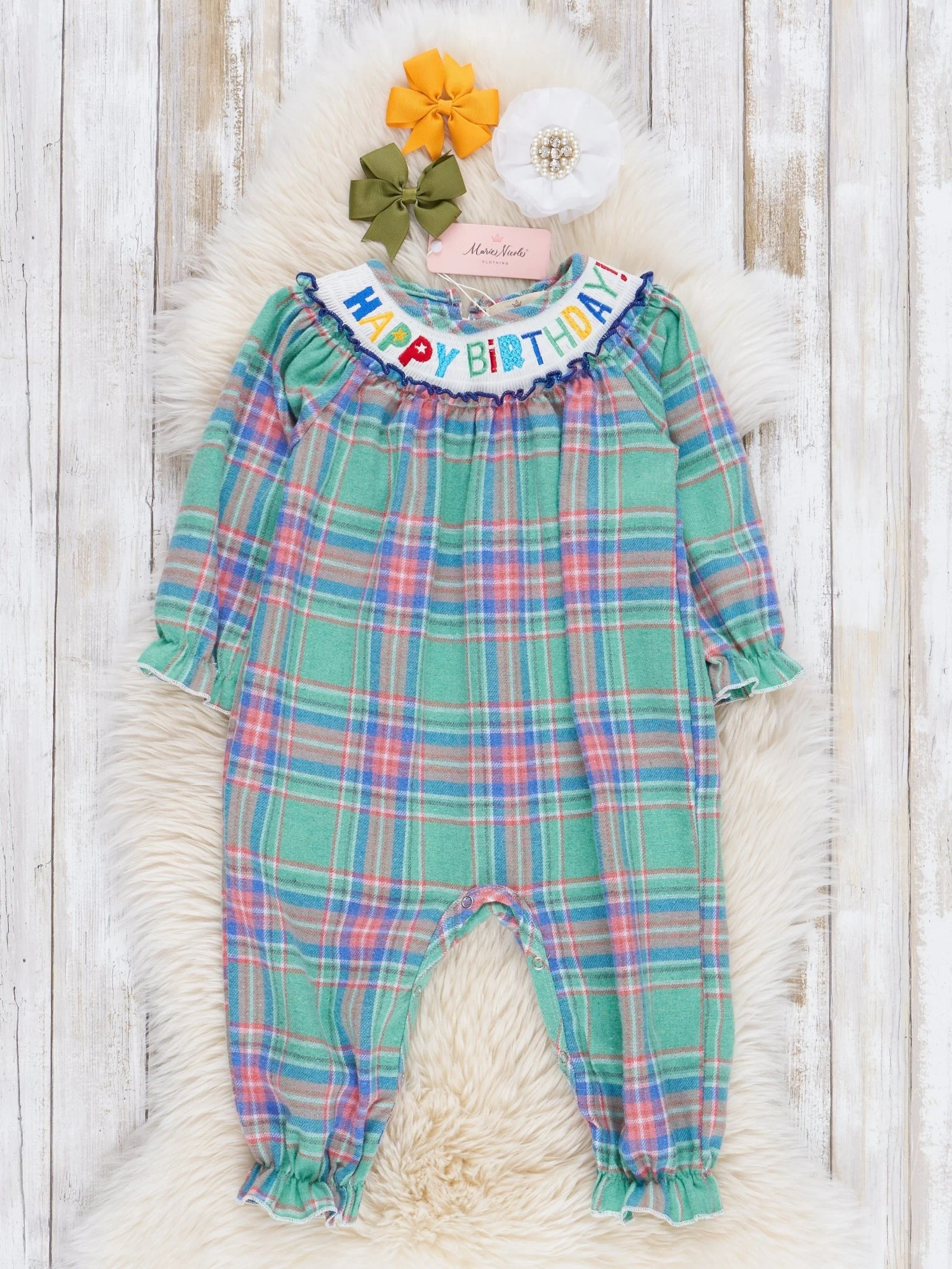 Green Plaid Smocked Birthday Romper