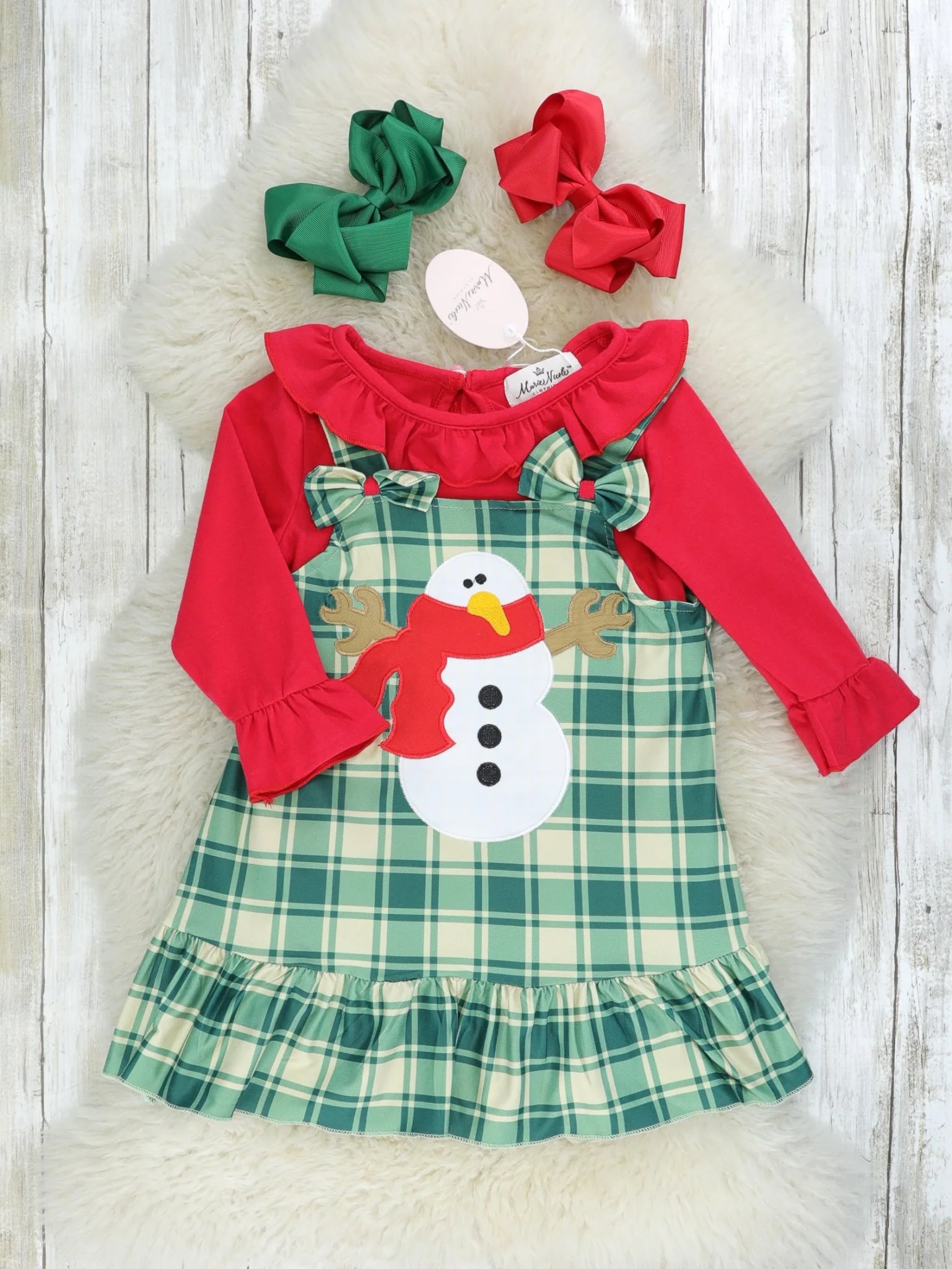Green Plaid Snowman Ruffle Dress W/ Red Shirt