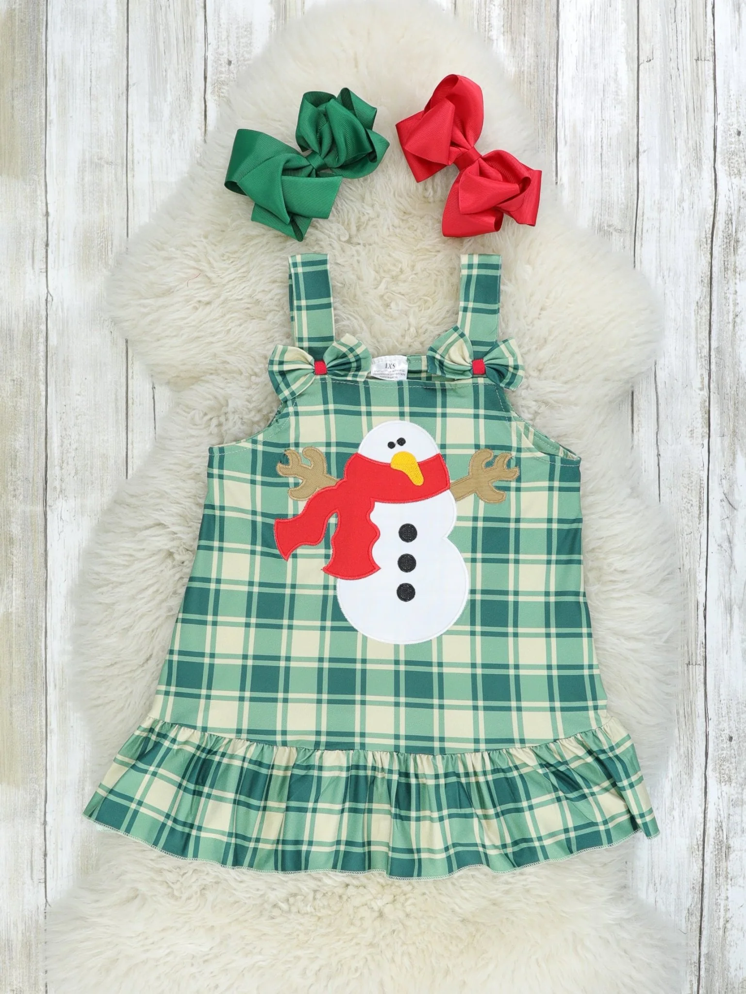 Green Plaid Snowman Ruffle Dress W/ Red Shirt - Image 2