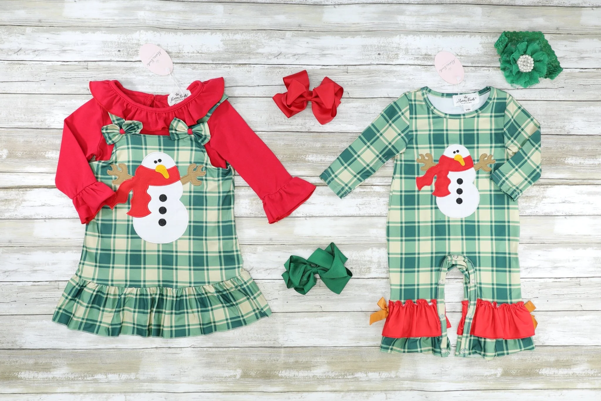 Green Plaid Snowman Ruffle Dress W/ Red Shirt - Image 4