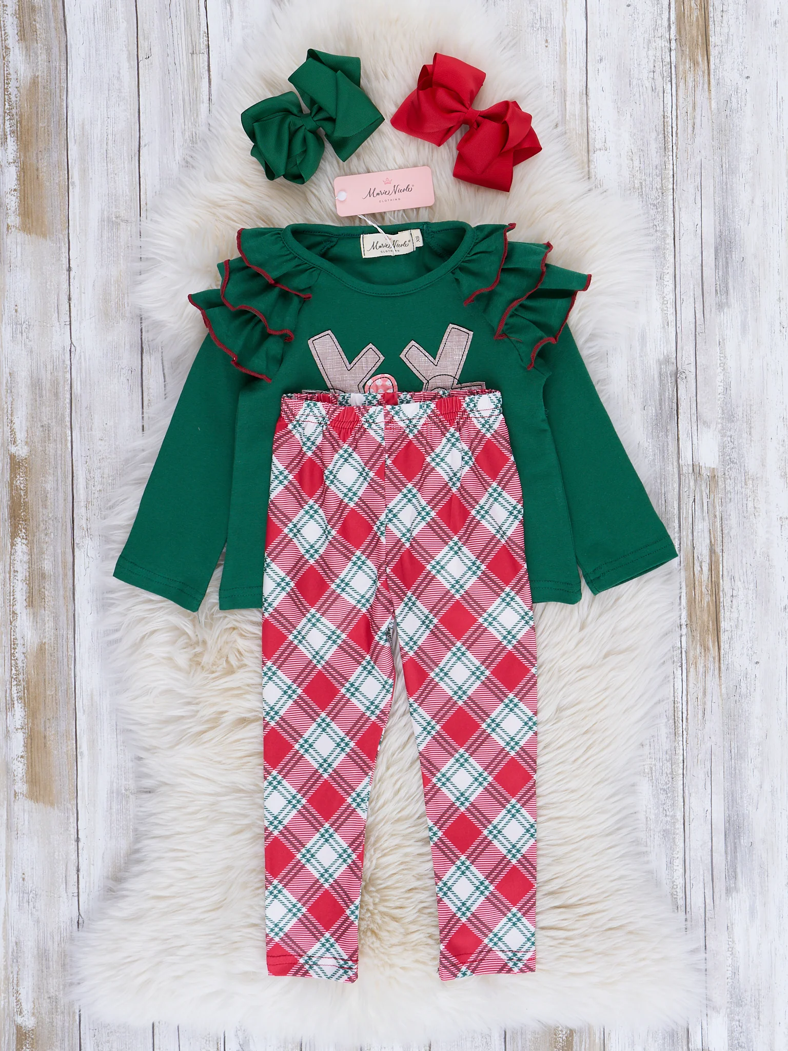 Green & Red Tartan Embroidered Ruffle Outfit - Image 2