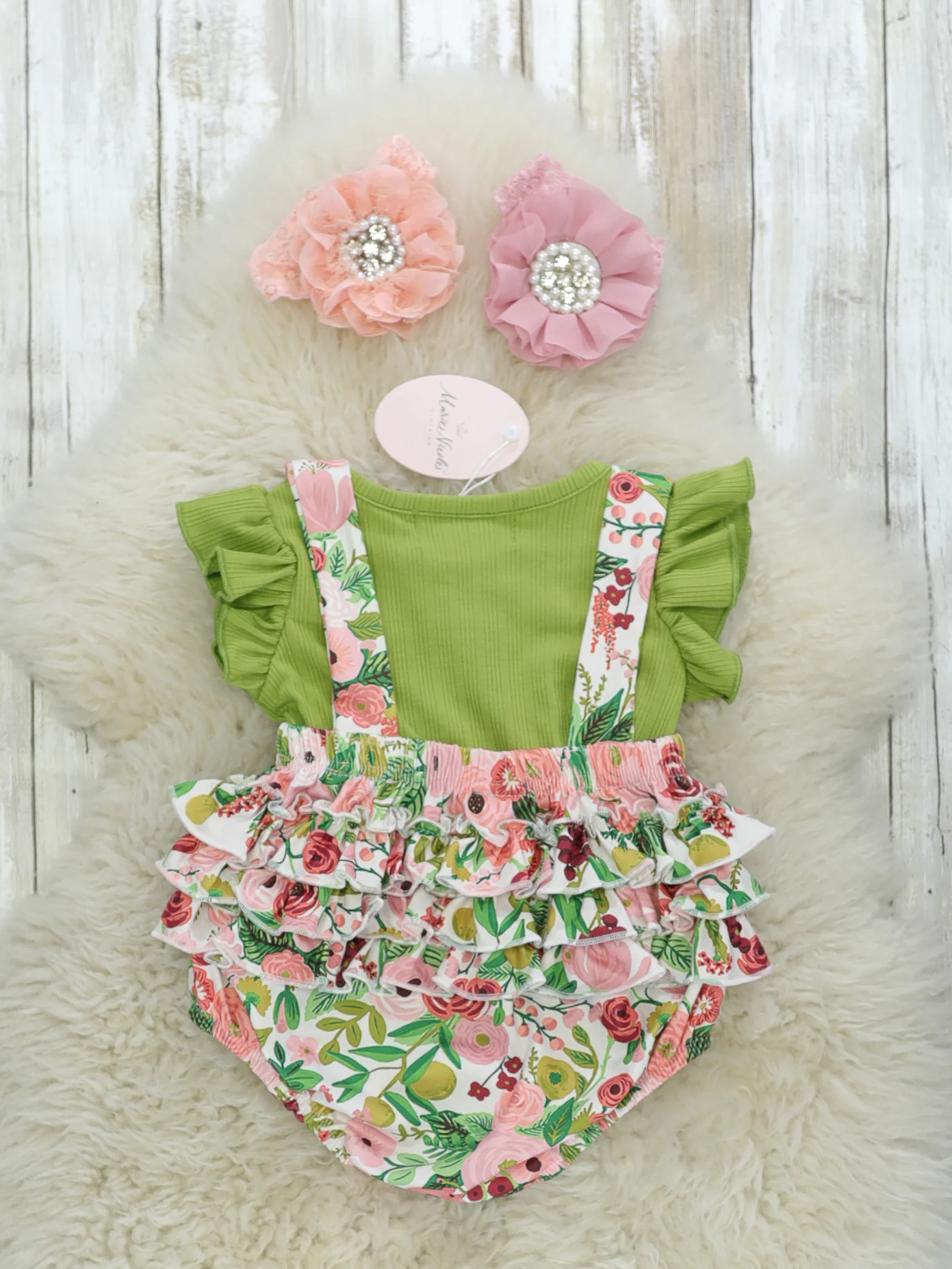 Green Ruffle Top & Floral Ruffle Overall Set - Image 3