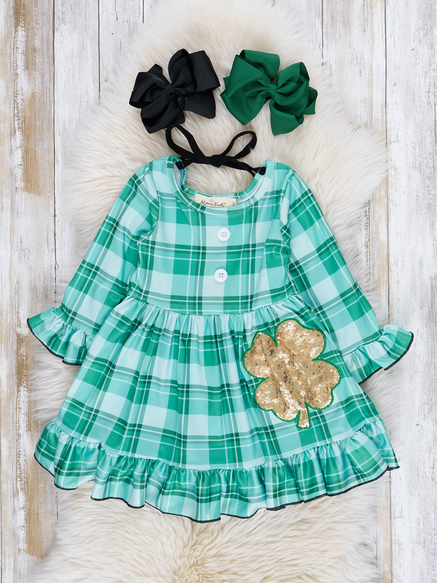 Green Sequin Shamrock Plaid Ruffle Dress