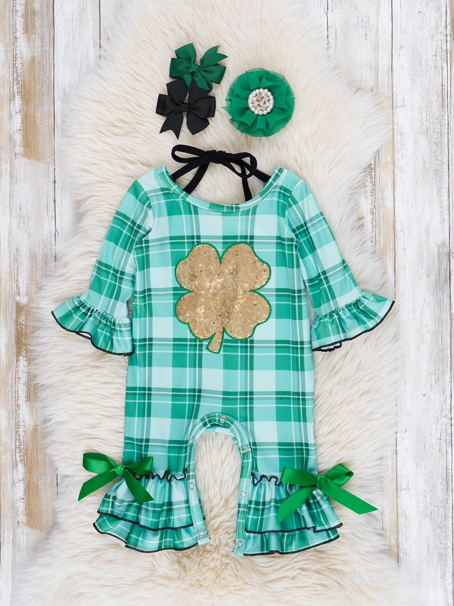 Green Sequin Shamrock Plaid Ruffle Romper