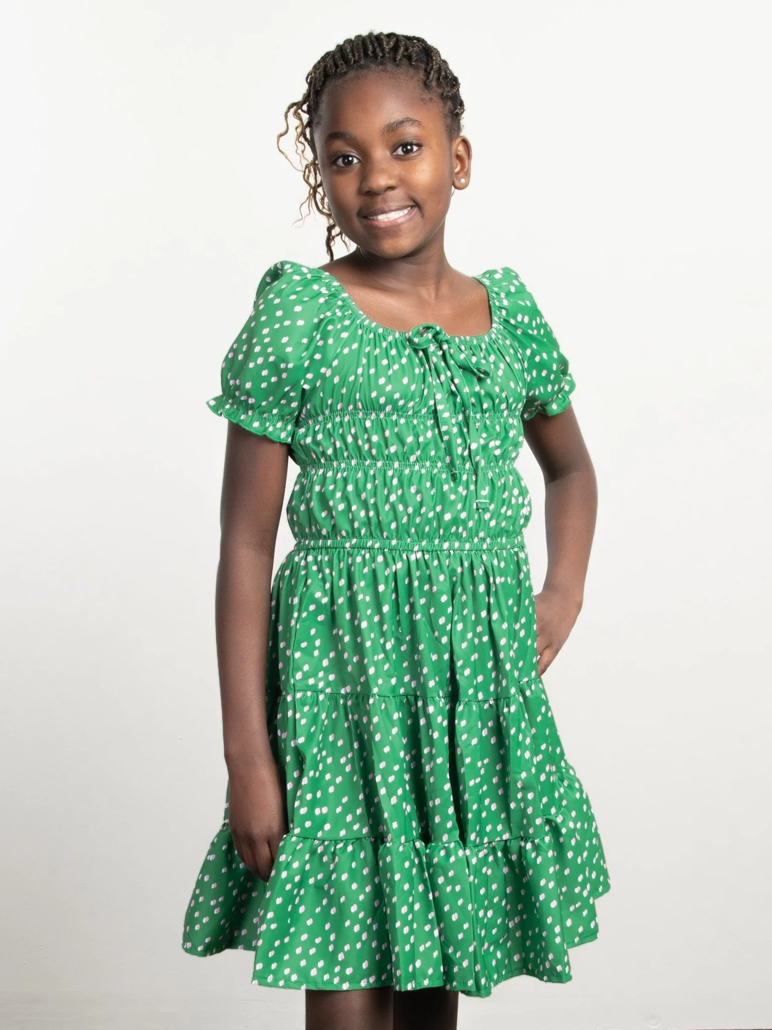Green Smocked Floral Puff Sleeve Dress