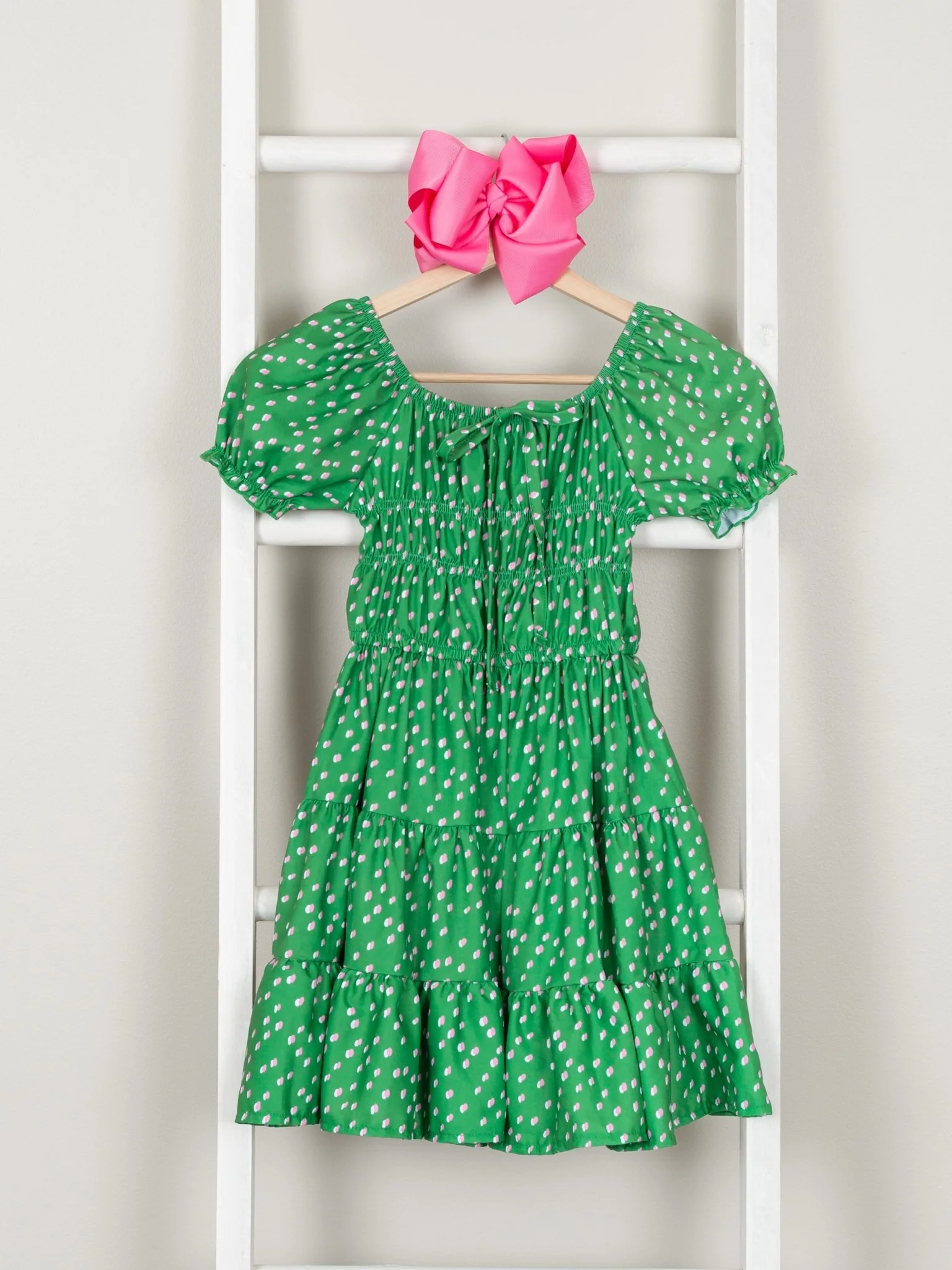 Green Smocked Floral Puff Sleeve Dress - Image 2