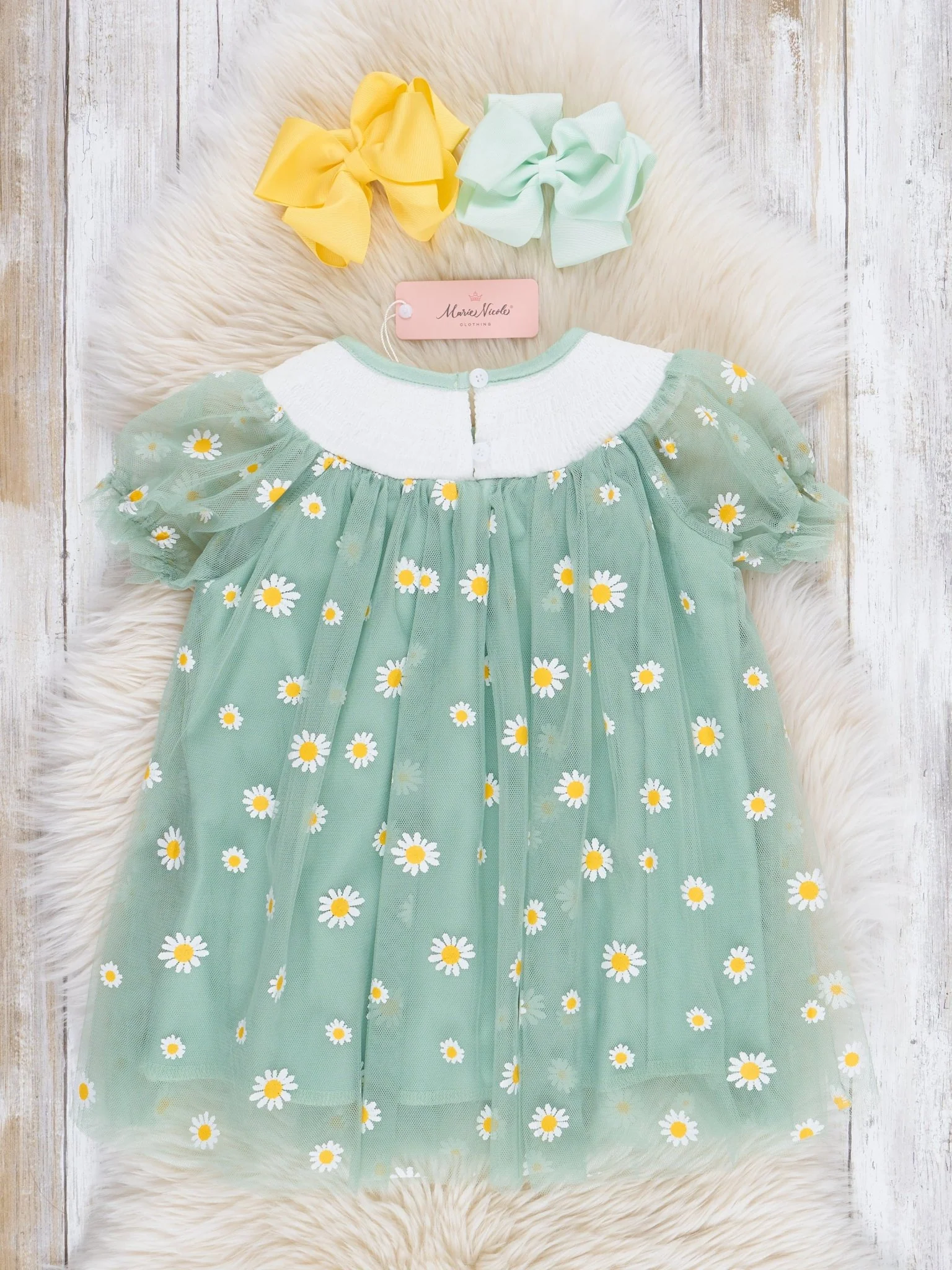 Green Smocked Garden Blooms Tulle Overlay Dress - Image 3