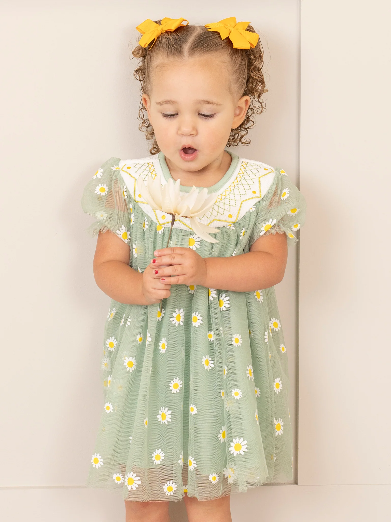 Green Smocked Garden Blooms Tulle Overlay Dress - Image 4