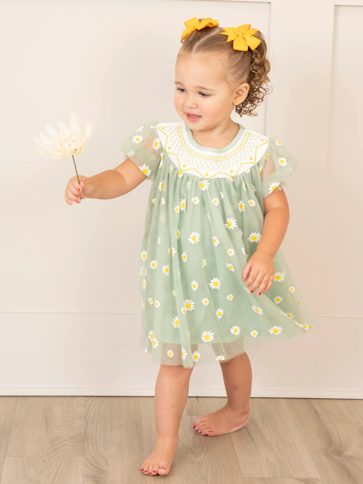 Green Smocked Garden Blooms Tulle Overlay Dress - Image 5