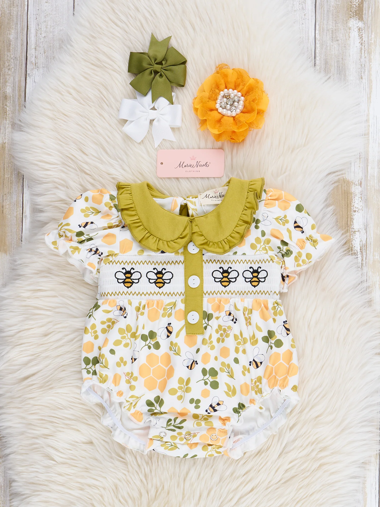 Green Smocked Honeycomb Ruffle Bubble Romper