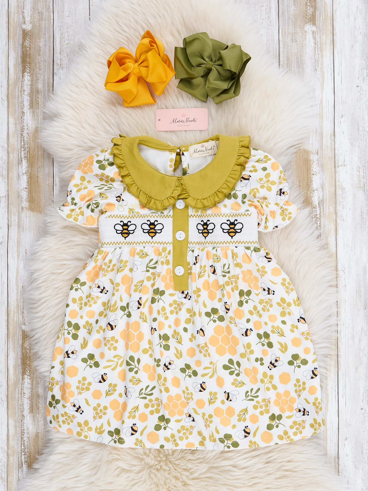 Green Smocked Honeycomb Ruffle Dress