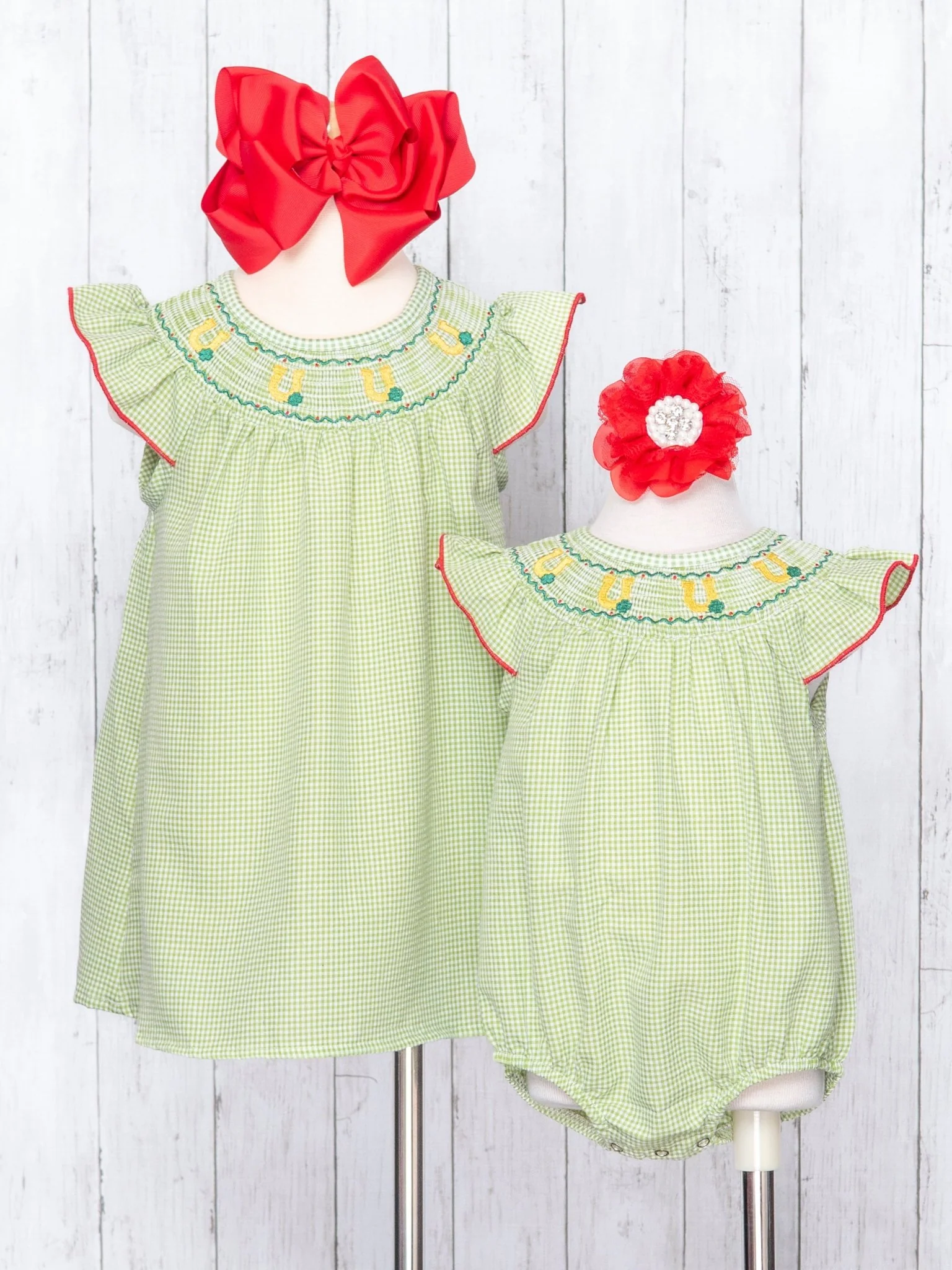 Green Smocked Horse Shoe Ruffle Romper - Image 4