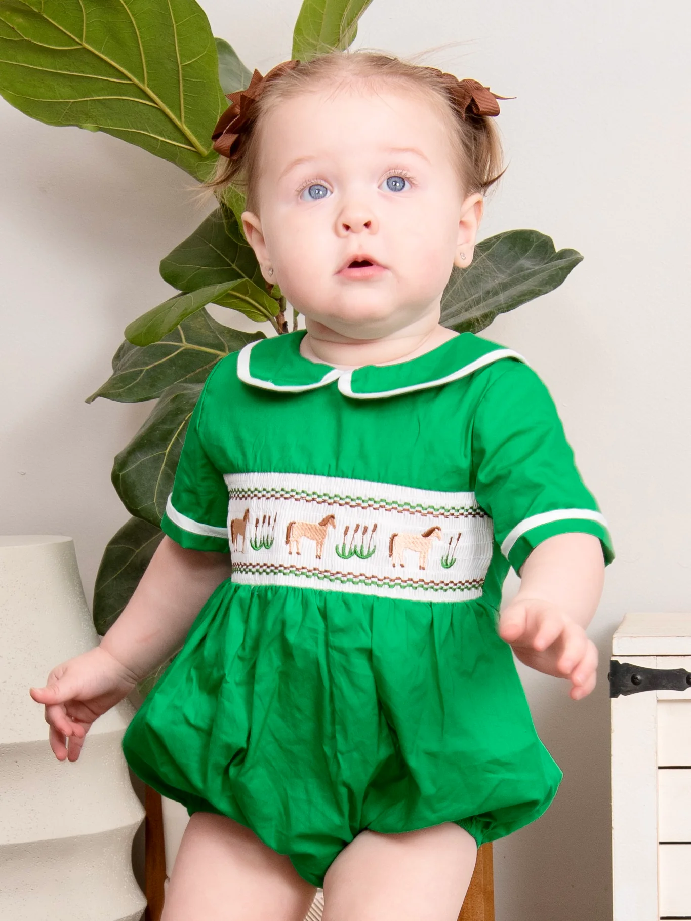 Green Smocked Horse Vintage Romper