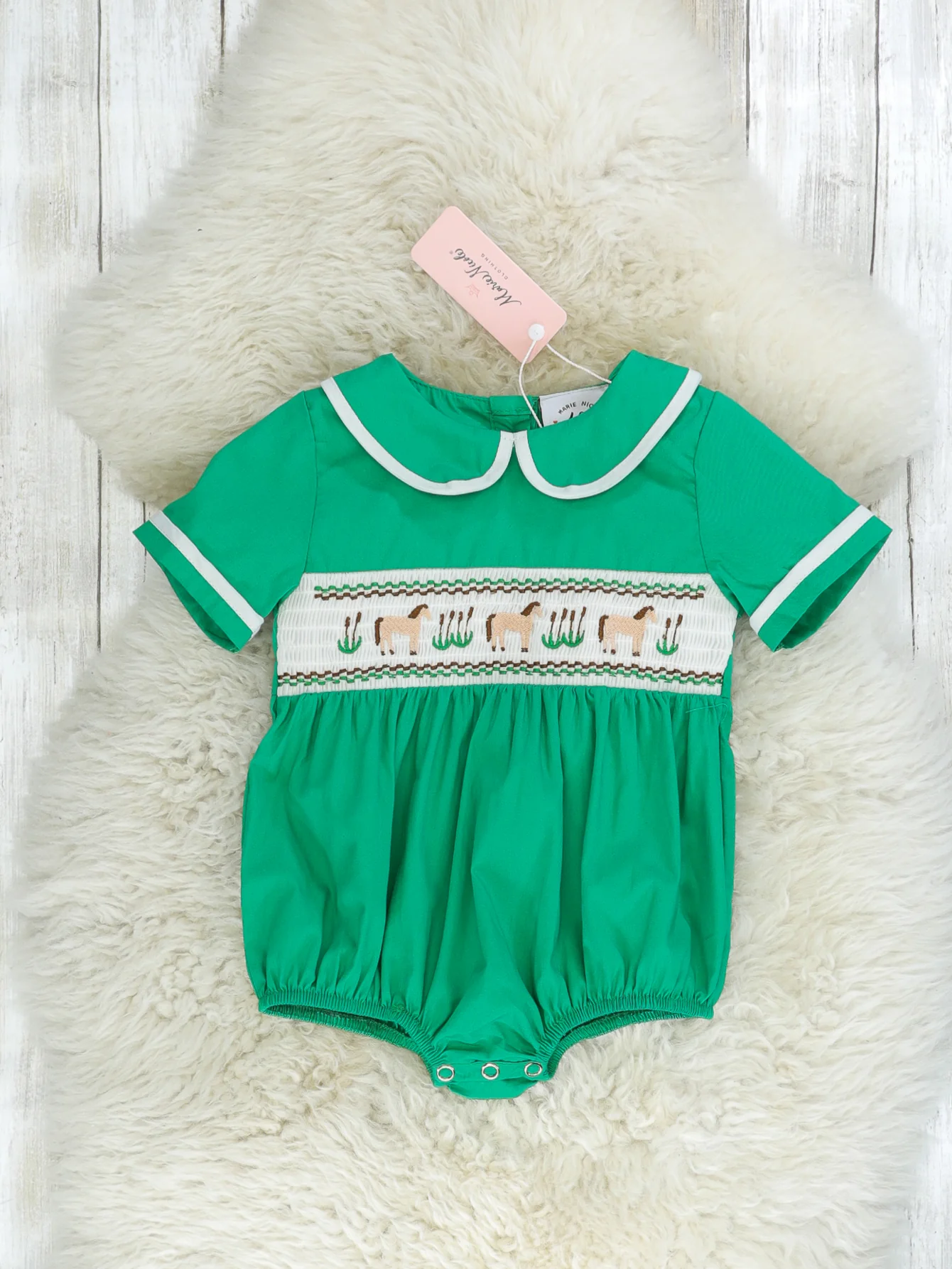 Green Smocked Horse Vintage Romper - Image 2