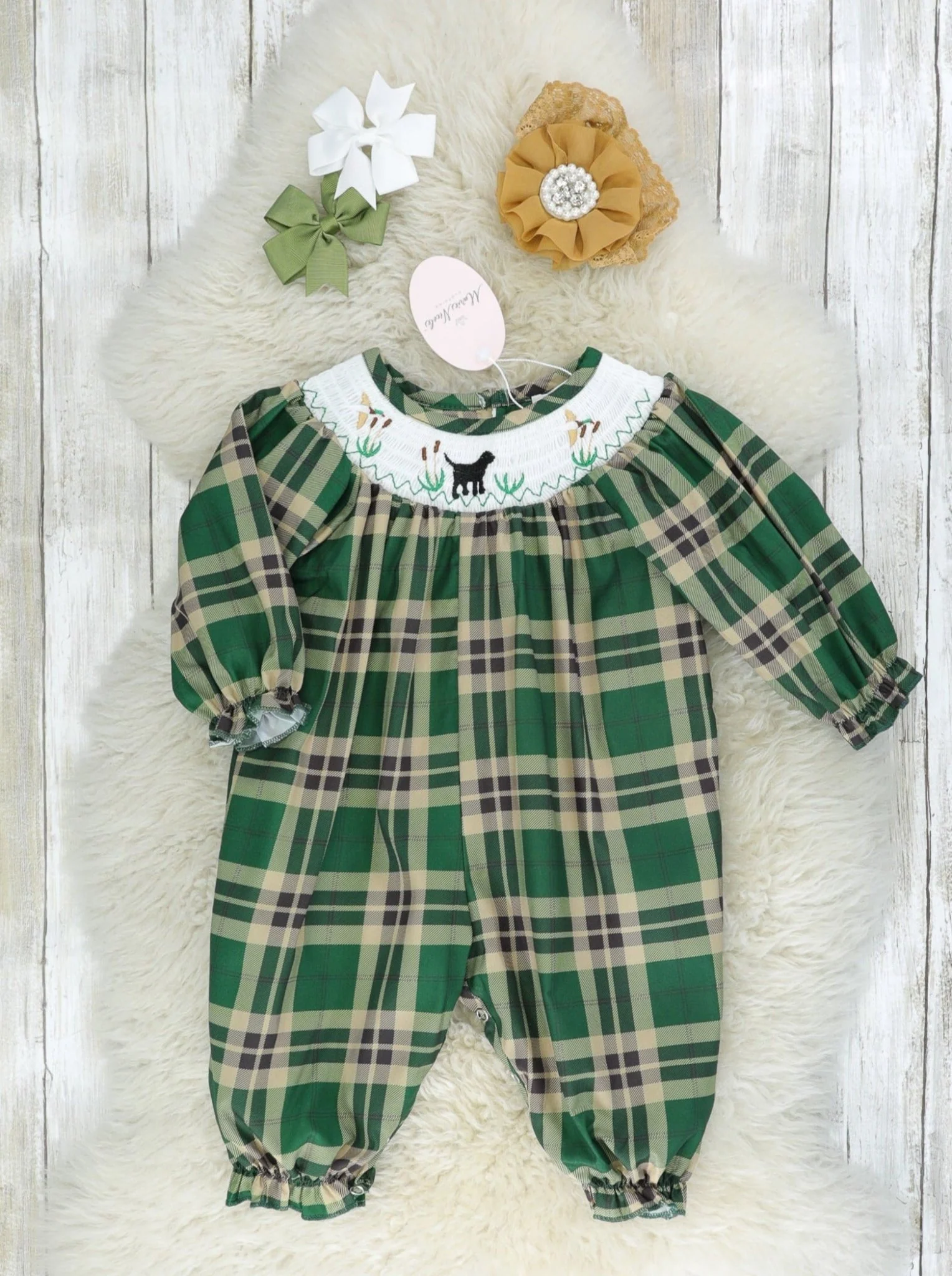 Green Smocked Plaid Dog Romper
