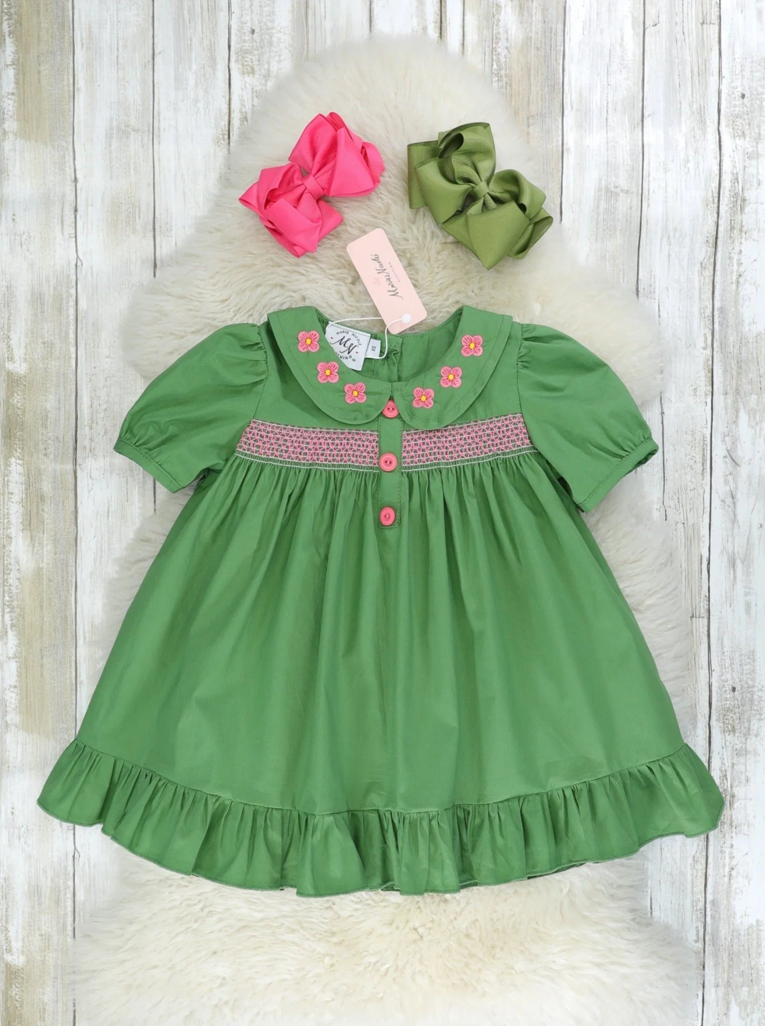 Green Smocked Vintage Flower Ruffle Dress