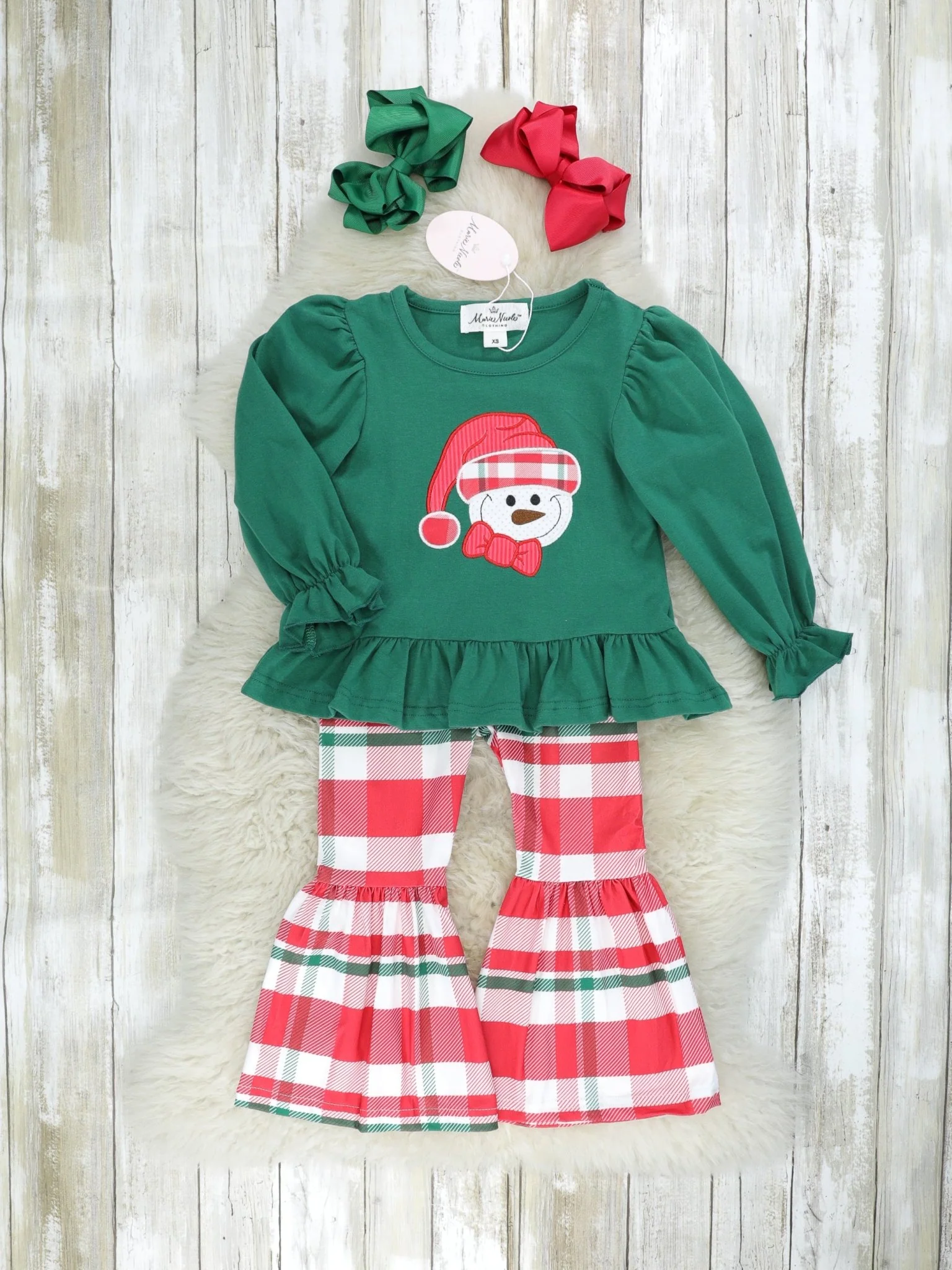 Green Snowman Ruffle Top & Plaid Bell Bottoms Outfit