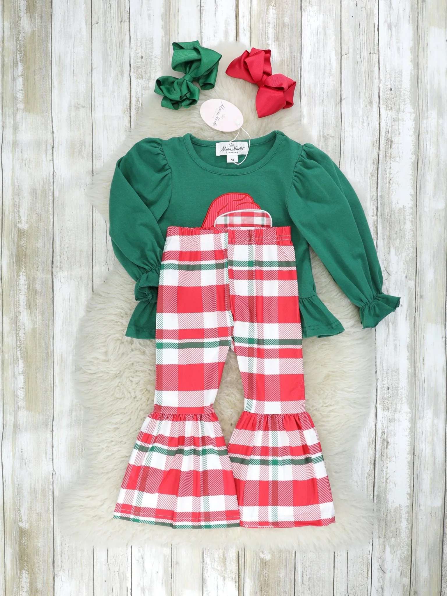 Green Snowman Ruffle Top & Plaid Bell Bottoms Outfit - Image 2