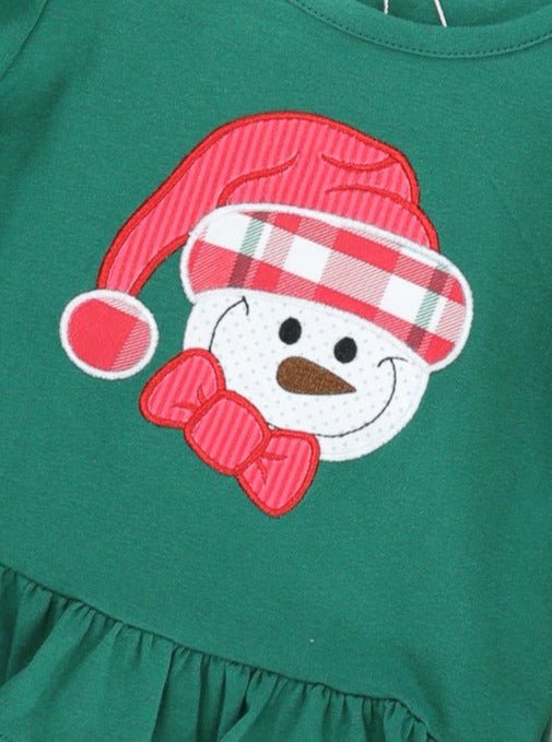 Green Snowman Ruffle Top & Plaid Bell Bottoms Outfit - Image 3